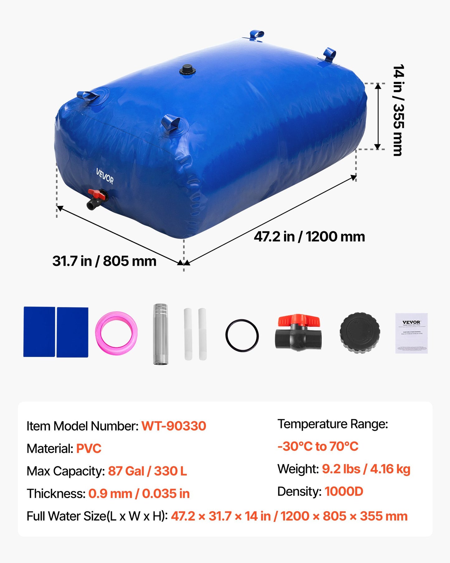 Water Storage Bladder, 87 Gallon (330L) Water Storage Container Tank, 1000D PVC Large Capacity Soft Bag Bladder, Collapsible Portable for Garden Irrigation, Camping, RVs, Fire Prevention, Blue