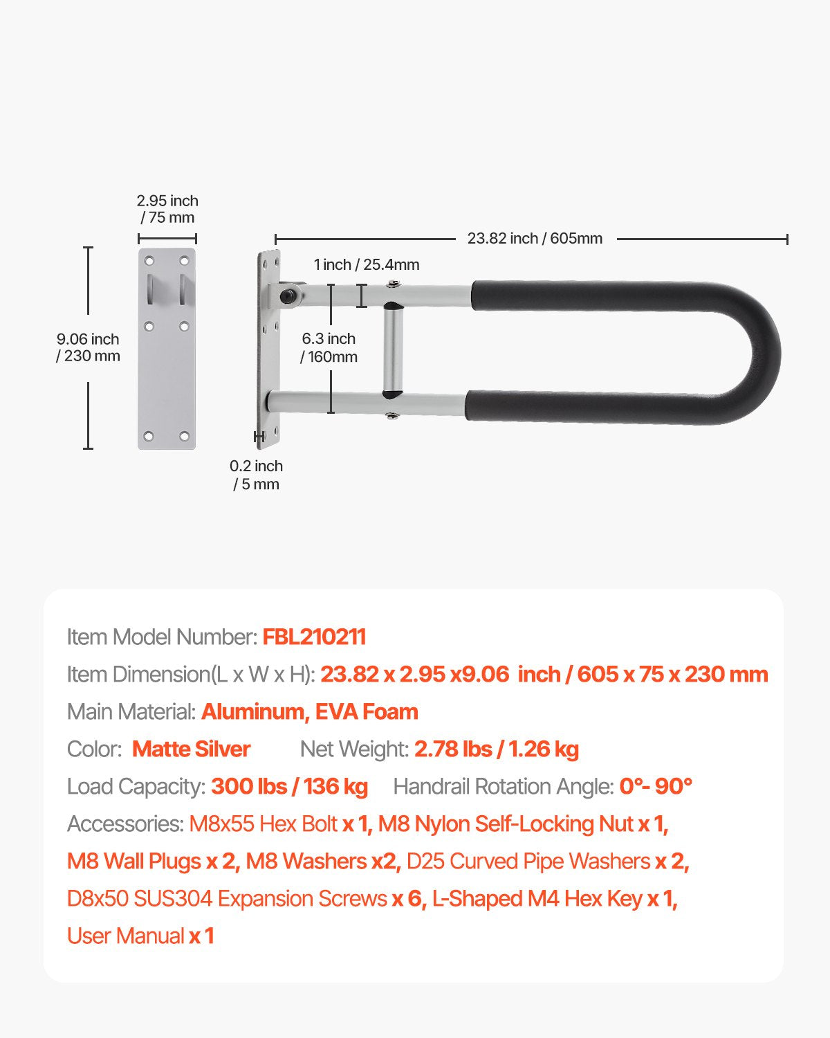 Toilet Safety Rail, 23.8 Inch U-Shaped Handicap Grab Bar, Foldable Senior Safety Pole, Flip Up Toilet Grab Bar with Anti-Slip Support Handle, 300 Lb Load Capacity for Elderly, Disabled, Pregnant