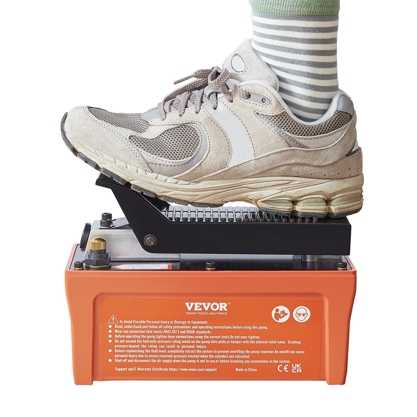 Lufthydraulikpumpe, 10.000 PSI, 1/2-Gallonen-Behälter, NPT 3/8-Zoll-Ölauslass, NPT 1/4-Zoll-Einlass, 6,6-Fuß-Schlauch, fußbetriebenes Hydraulikpumpen-Luftpedal für Karosseriemaschinen und Anhängerkupplungen, orange