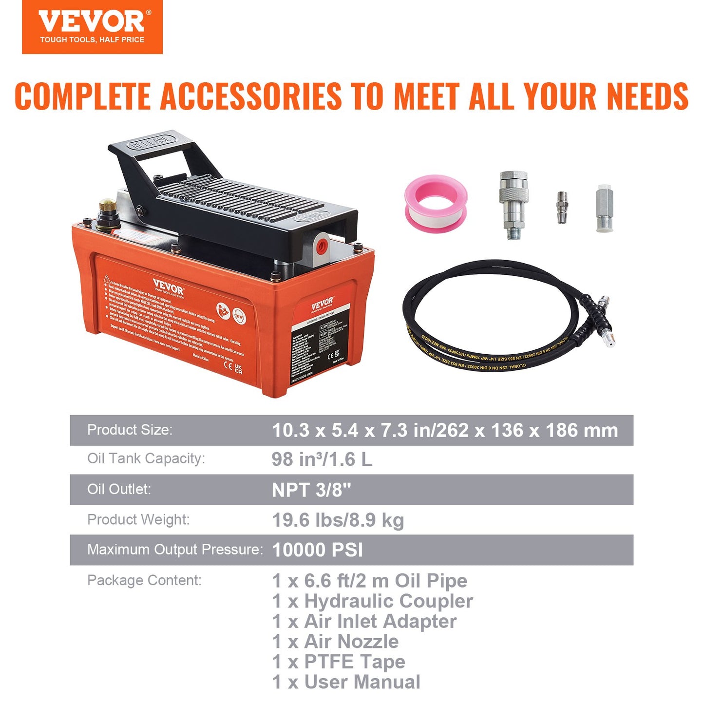 Air Hydraulic Pump, 10,000 PSI 1/2 Gal Reservoir, NPT 3/8" Oil Outlet, NPT 1/4" Inlet, 6.6 ft Pipe, Foot Actuated Hydraulic Pump Air Treadle for Auto Body Frame Machines and Pulling Post, Orange