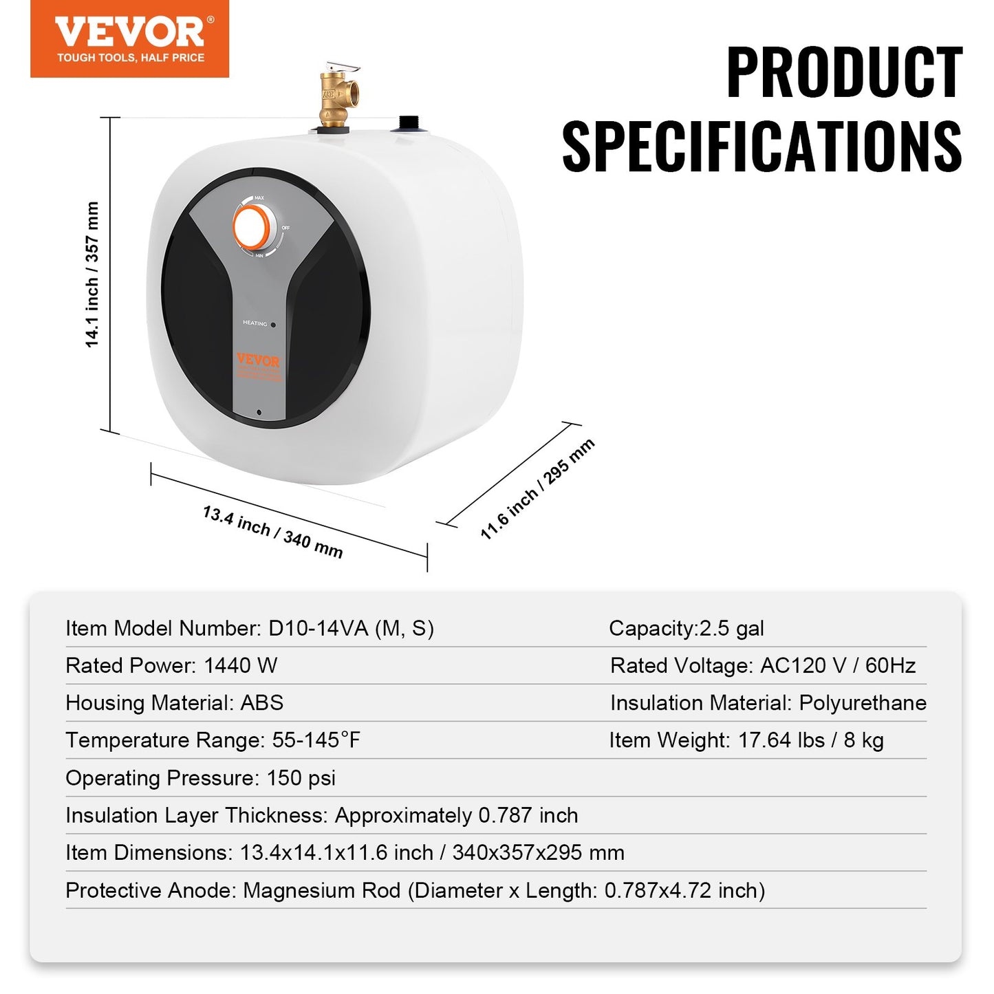 Electric Mini-Tank Water Heater 2.5-Gallon Tank, 1440W Hot Water Boiler Storage, Safety Temperature Pressure Valve Easy Install, for Kichen Bathroom Restaurant, Shelf Wall Floor Mounted