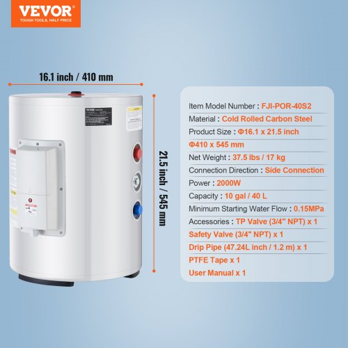 10 Gallon Electric Water Heater Instant Hot 1.6Kw LED Display for Shower | EU
