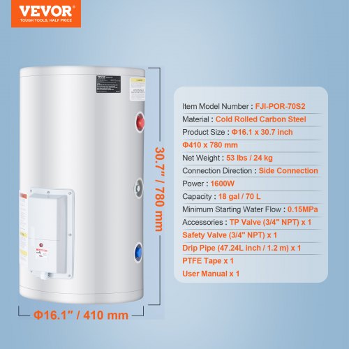 18 Gallon Electric Water Heater Instant Hot 1.6Kw LED Display for Shower | EU