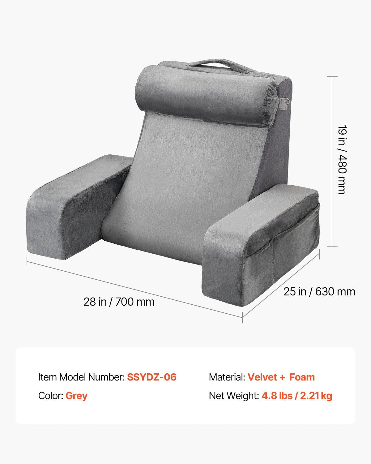 Reading Pillow, Backrest Support Pillow with Arm and 3 Pockets, Large Size Bed Pillow with Removable Headrest & 25D Sponge, Handle for Easy Carrying, for Reading, Gaming, Resting, Working, Grey