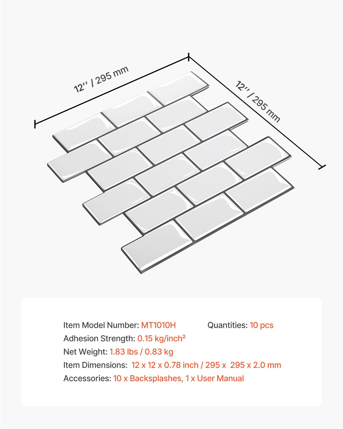 Peel and Stick Backsplash 10-Sheet, 12 x 12 x 0.78 inch / 305 x 305 x 2.0 mm Self-Adhesive Wall Tiles, Stick on Subway Tile Backsplash for Kitchen, 3D Back Splashes for Bathroom, Tile-Look