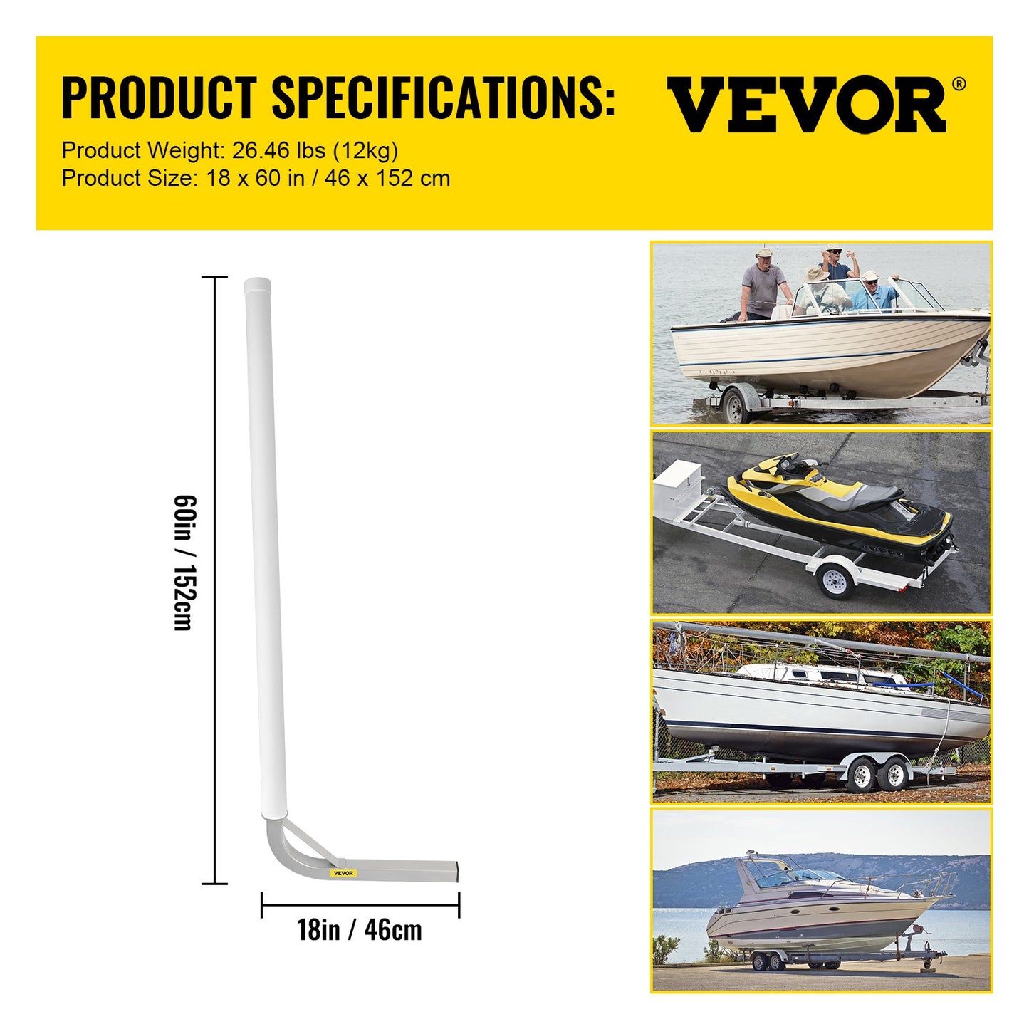 Boat Trailer Guide-on, 60\", 2PCS Steel Trailer Post Guide ons, with White PVC Tube Covers, Complete Mounting Accessories Included, for Ski Boat, Fishing Boat or Sailboat Trailer