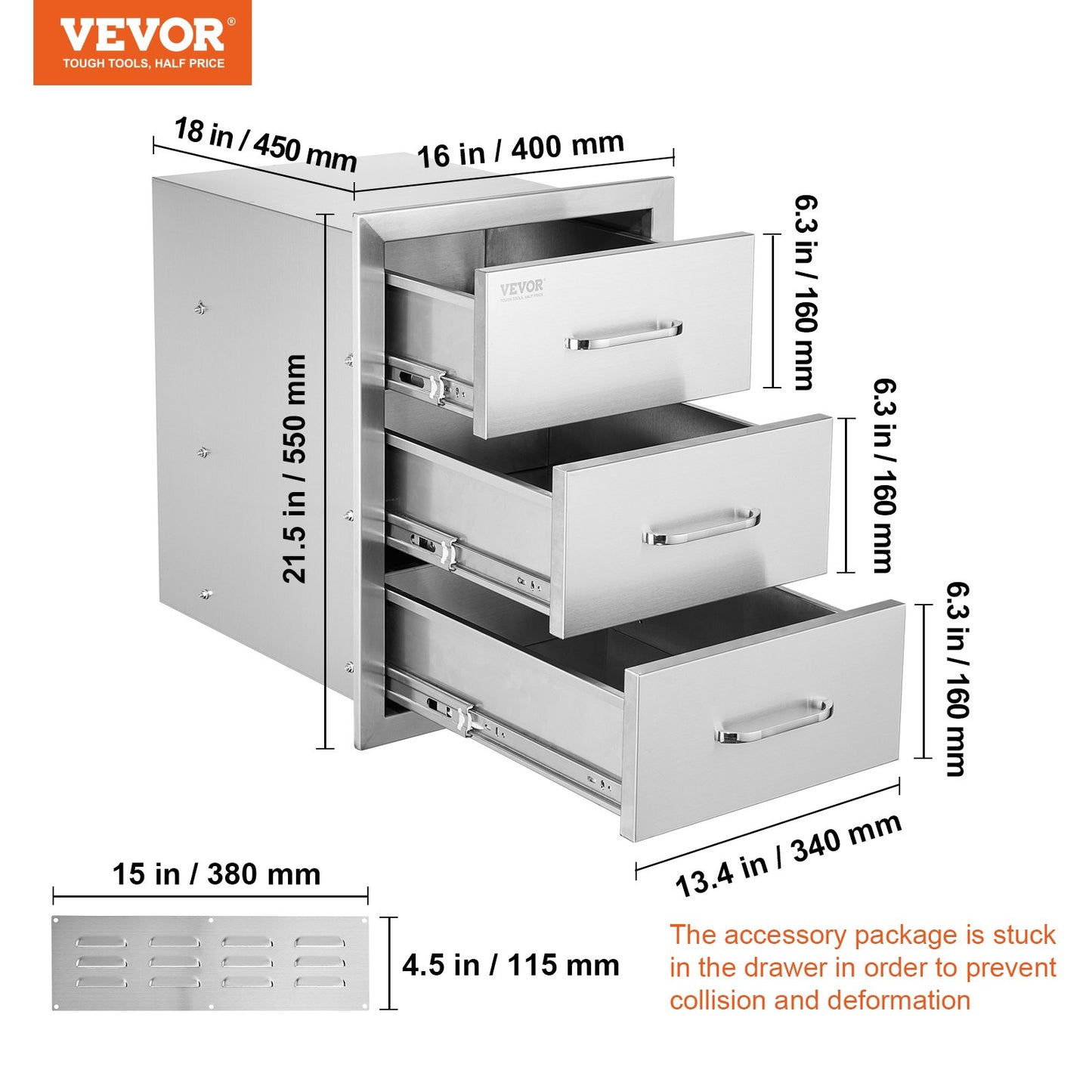 Outdoor Kitchen Drawers 16" W x 21.5" H x 18" D, Flush Mount Triple Access BBQ Drawers with Stainless Steel Handle, BBQ Island Drawers for Outdoor Kitchens or BBQ Island Patio Grill Station