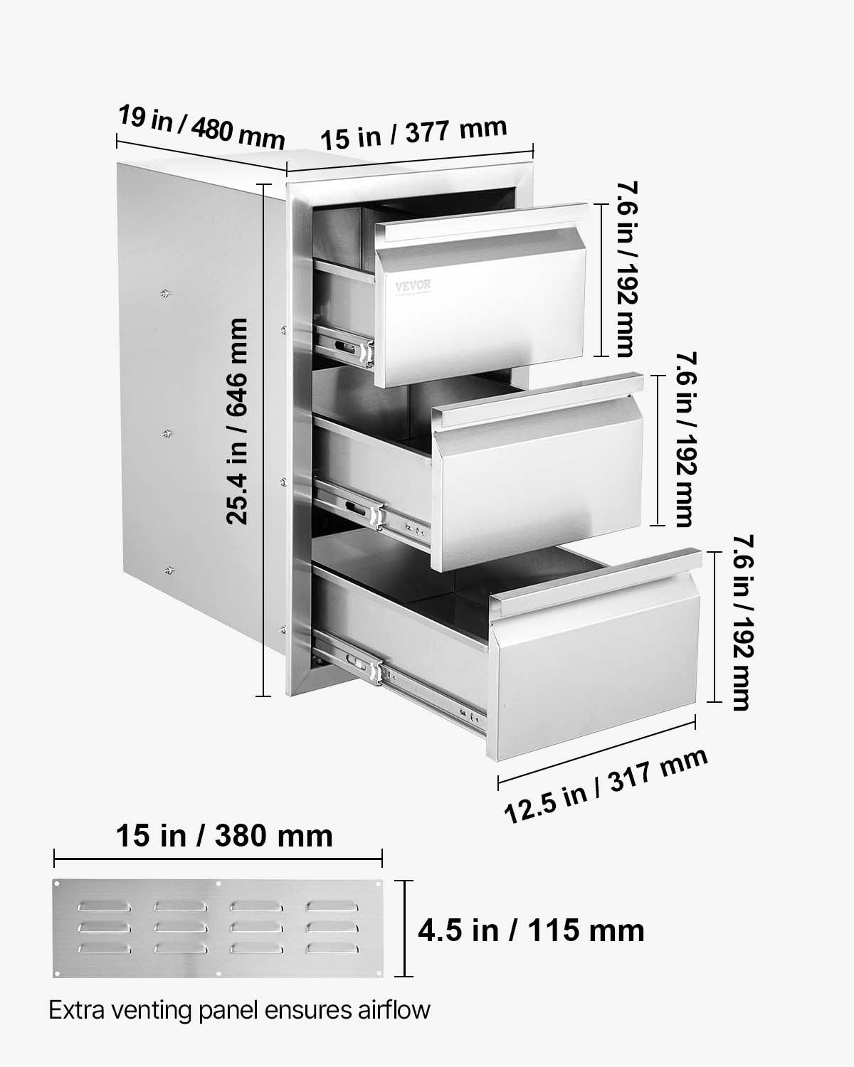Outdoor Kitchen Drawers 15" W x 25.4" H x 19" D, Box Frame Style Flush Mount BBQ Drawers with Stainless Steel Handle, BBQ Island Drawers for Outdoor Kitchens or Patio Grill Station