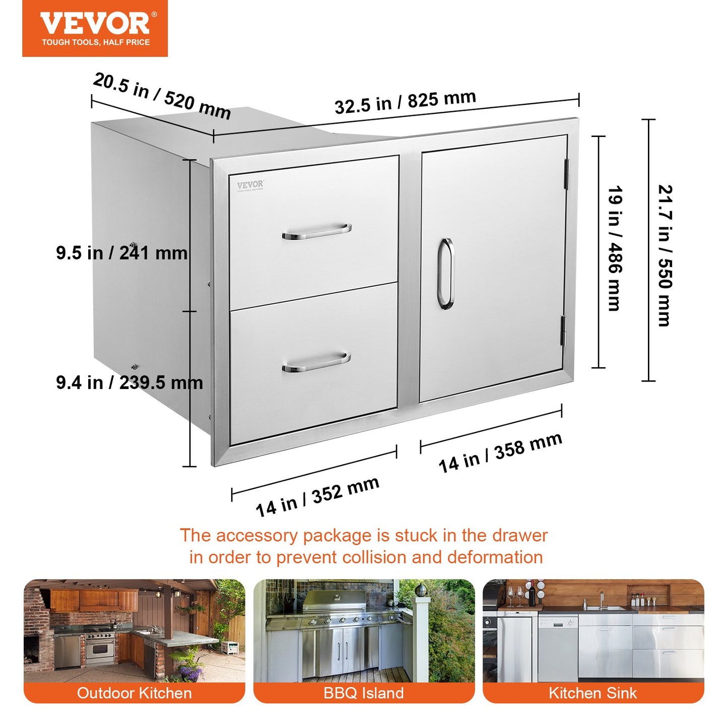 Outdoor Kitchen Door Drawer Combo 32.5" W x 21.6" H x 20.5''D, Access Door/Double Drawers with Paper Towel Rack, BBQ Island Drawers with Stainless Steel Handles for Outdoor Kitchen