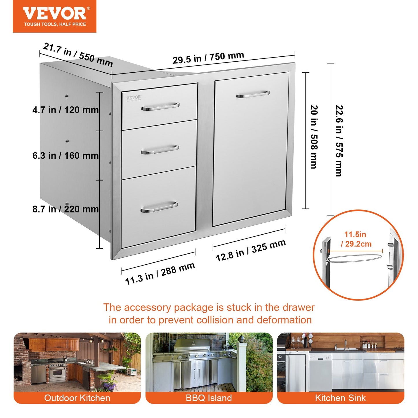 Outdoor Kitchen Door Drawer Combo 29.5" W x 22.6" H x 21.7''D, Access Door/Triple Drawers with Propane Drawer and Adjustable Garbage Ring, Perfect for BBQ Island Patio Grill Station