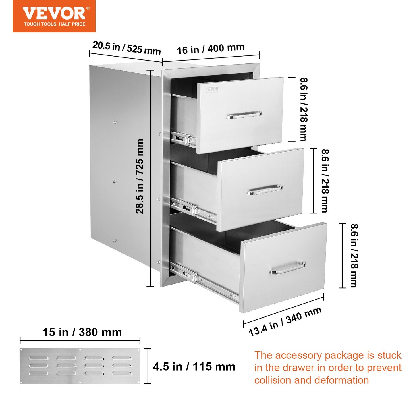 Outdoor Kitchen Drawers 16" W x 28.5" H x 20.5" D, Flush Mount Triple Access BBQ Drawers Stainless Steel with Handle, BBQ Island Drawers for Outdoor Kitchens or Patio Grill Station