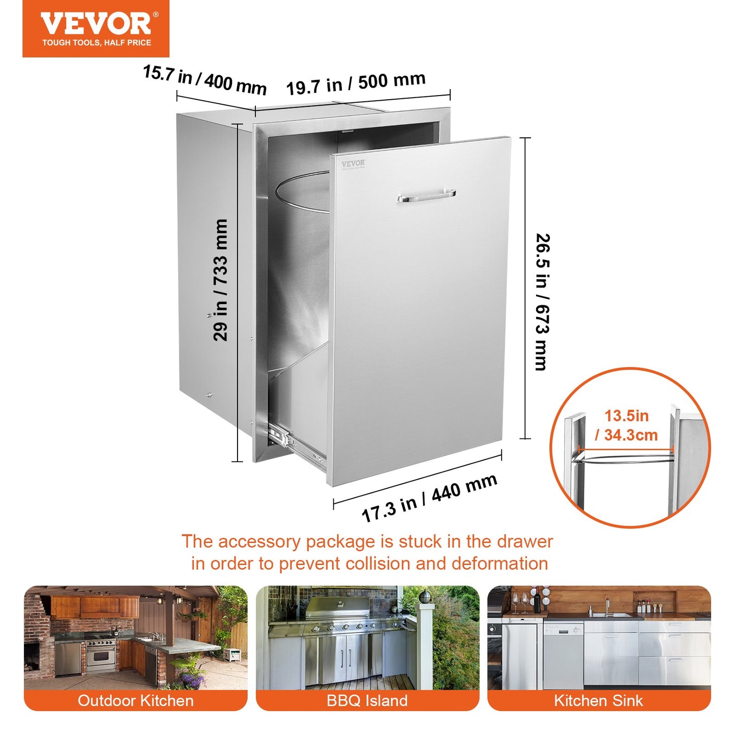 Pull Out Trash Drawer 19.7W x 26.5H Inch Outdoor Kitchen Drawers Stainless Steel with Trash Bag Ring for BBQ Island or Grill Station