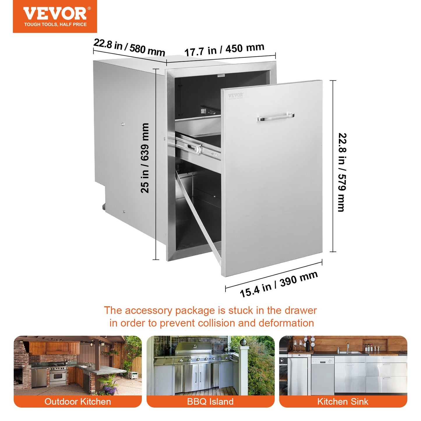 Pull Out Trash Drawer 17.7x22.8 Inch Raised Style Trash Bin with Pull-Out Tray Stainless Steel Trash Drawer with Handle for Outdoor Kitchen BBQ Island, Trash Can Not Included