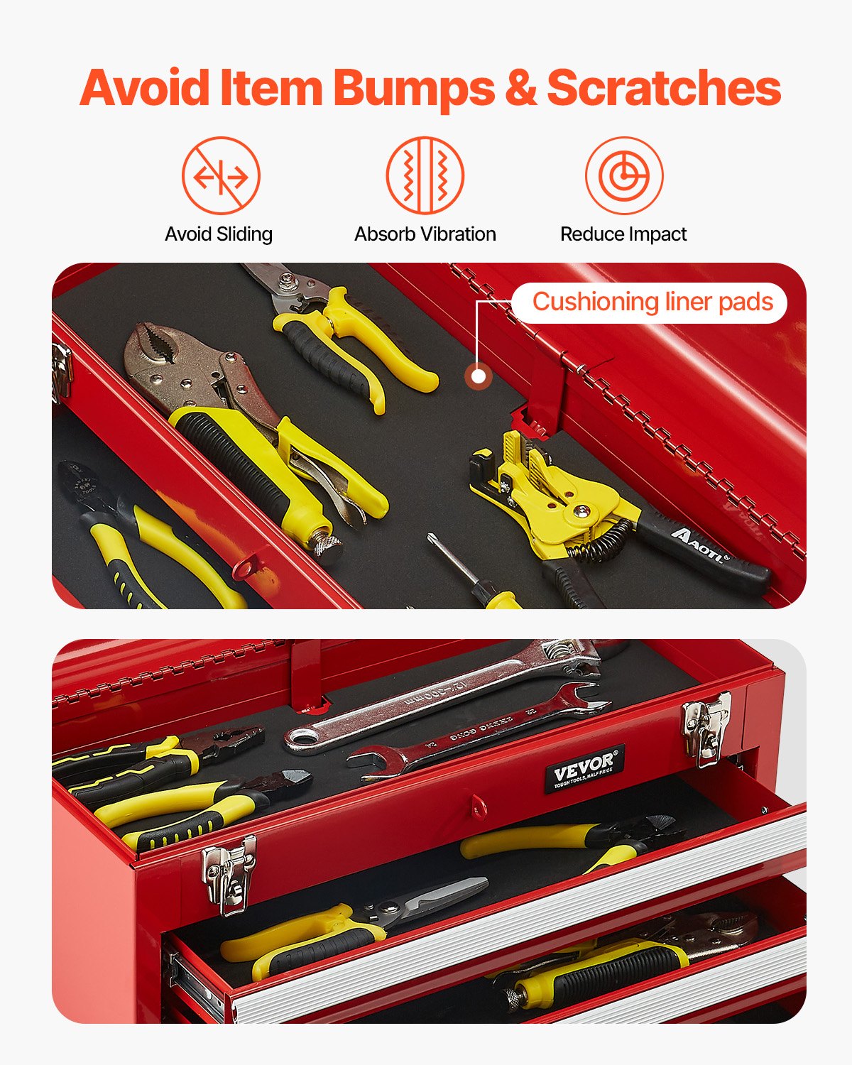 Metal Tool Box, 20.5-inch, Portable Metal Tool Box with 3 Drawers, Small Tool Chest with EVA Liners, Ball Bearing Slide Drawers Locking & Powder Coated Finish, Multi-Function Tool Organizer, Red