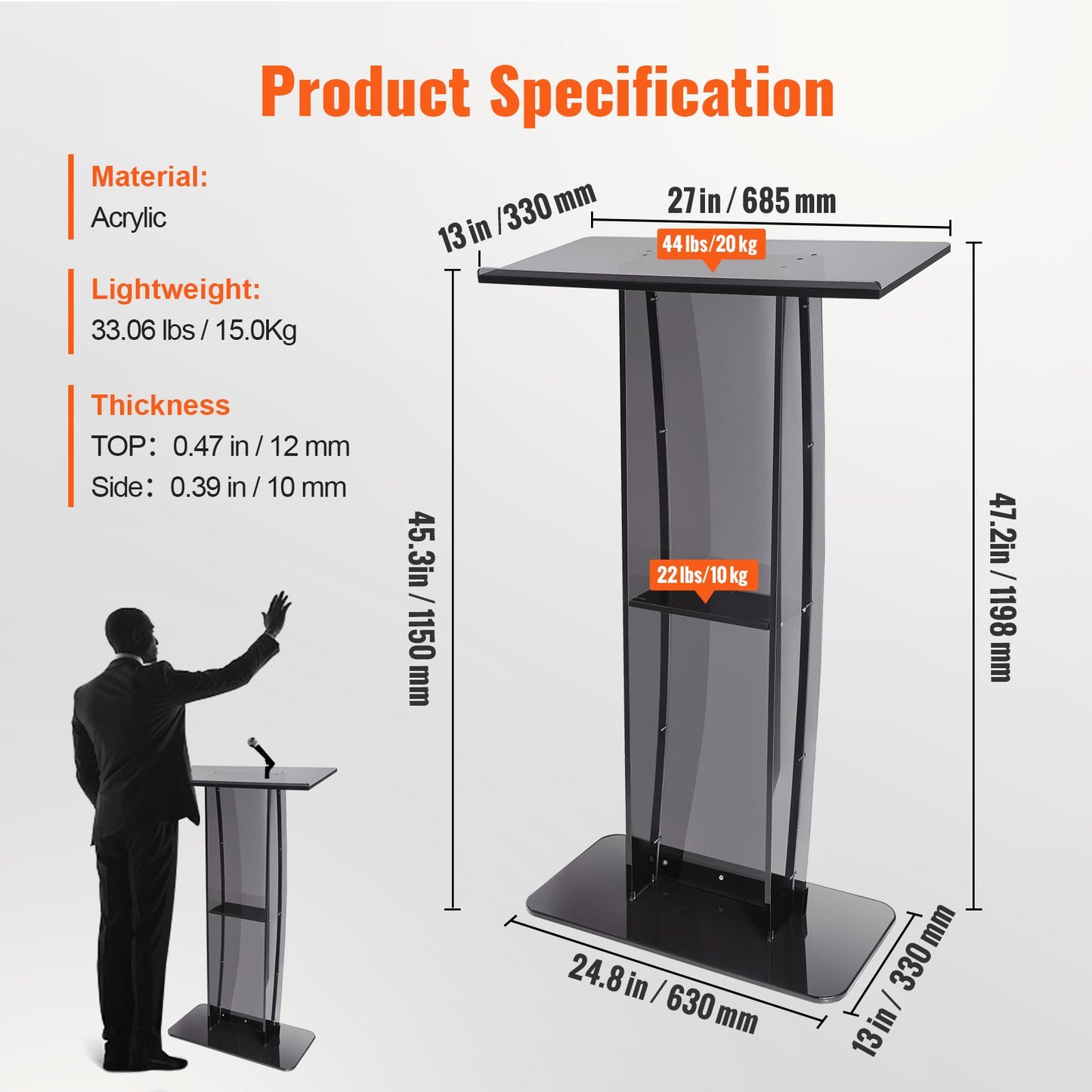 Acrylic Podium, 47" Acrylic Podium Stand with Wide Reading Surface & Storage Shelf, Floor-standing Clear Pulpits Acrylic for Church Office School, Black