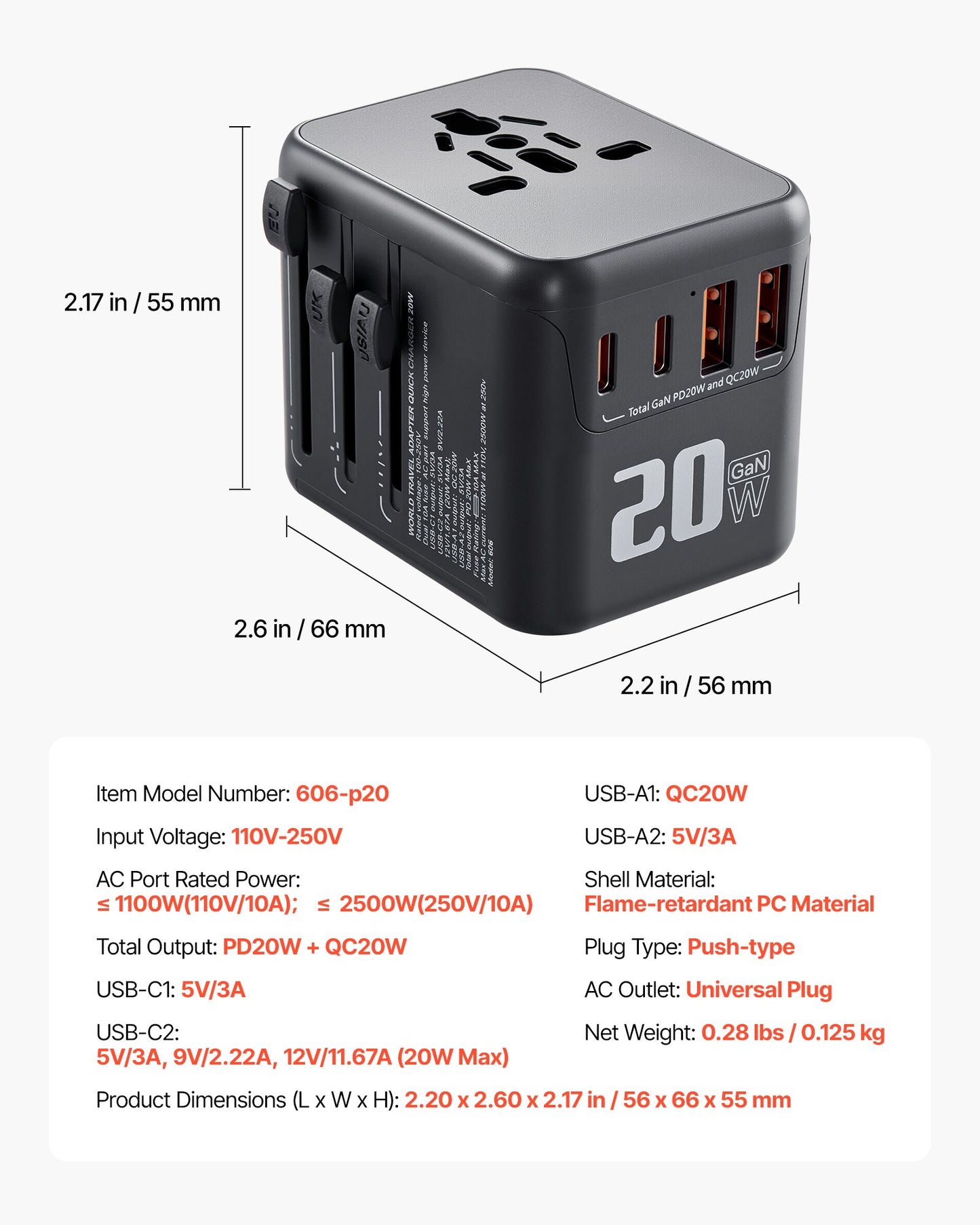 Universal Travel Adapter, 5-in-1, International European Power Adapter with 2 USB-C, 2 USB-A Ports, 1 AC Outlet, 4 Different Plugs, Worldwide Plug Adaptor Wall Charger, for Europe UK EU AUS USA
