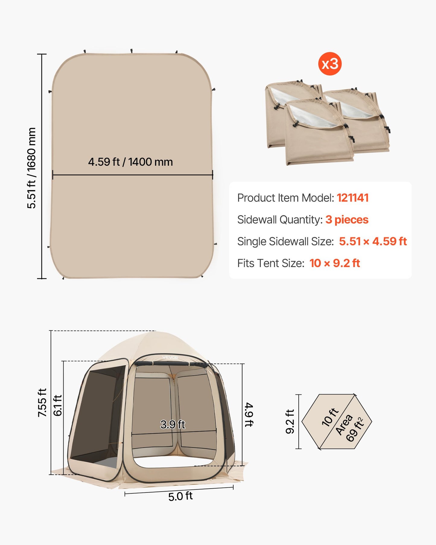 Sun Shade Sail Canopy Covers, Fit for 10 x 9.2 ft Screen House Tent, Sun Protection, 5.51 x 4.23 ft 300D Oxford Silver-Coated Fabric, Pack of 3 (Not Include Tent), for Outdoor Activities, Beige