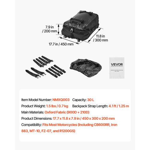 Motorcykel Baksätesväska, 30 L Motorcykel Baksätesväska med Vattentätt Regnskydd, Utomhussport Motorcykel Bagageförvaring Bagagehylla Ryggsäck med Axelremmar, Universal Passform Bakre Räcken, Svart | EU