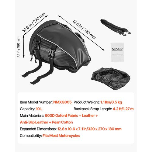 Motorcykel Baksätesväska, 10 L Motorcykel Baksätesväska med Vattentätt Regnskydd, Utomhussport Motorcykel Bagageförvaring Bagagehylla Ryggsäck Handväska med Axelrem och Innerficka, Svart | EU