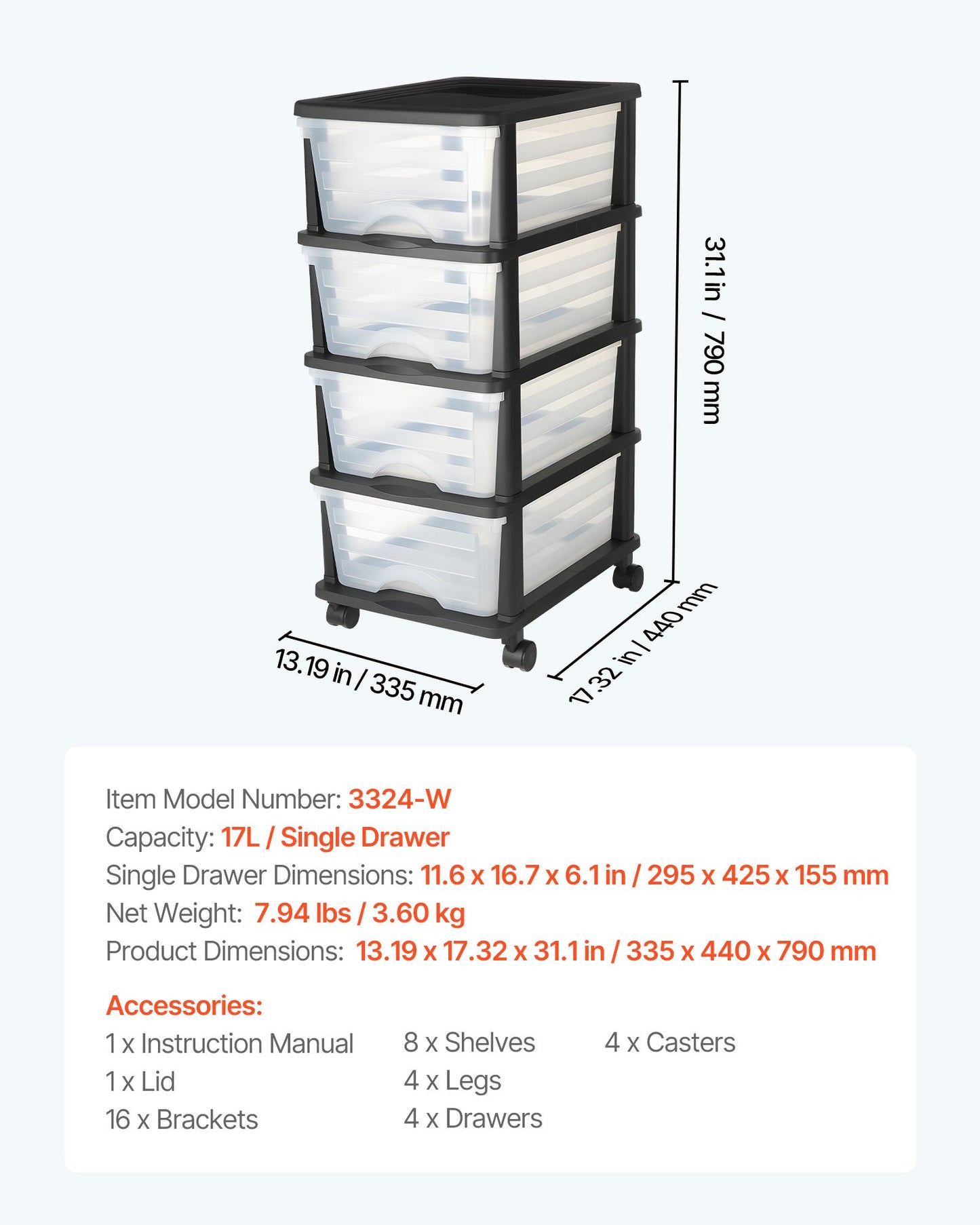 Plastic Storage Drawers Cart, 4 Drawers Storage Organizer with Wheels, Rolling Closet Organization and Storage Dividers, Dresser Organizer Clear Bins for Office Supplies, Craft Rooms, Classrooms
