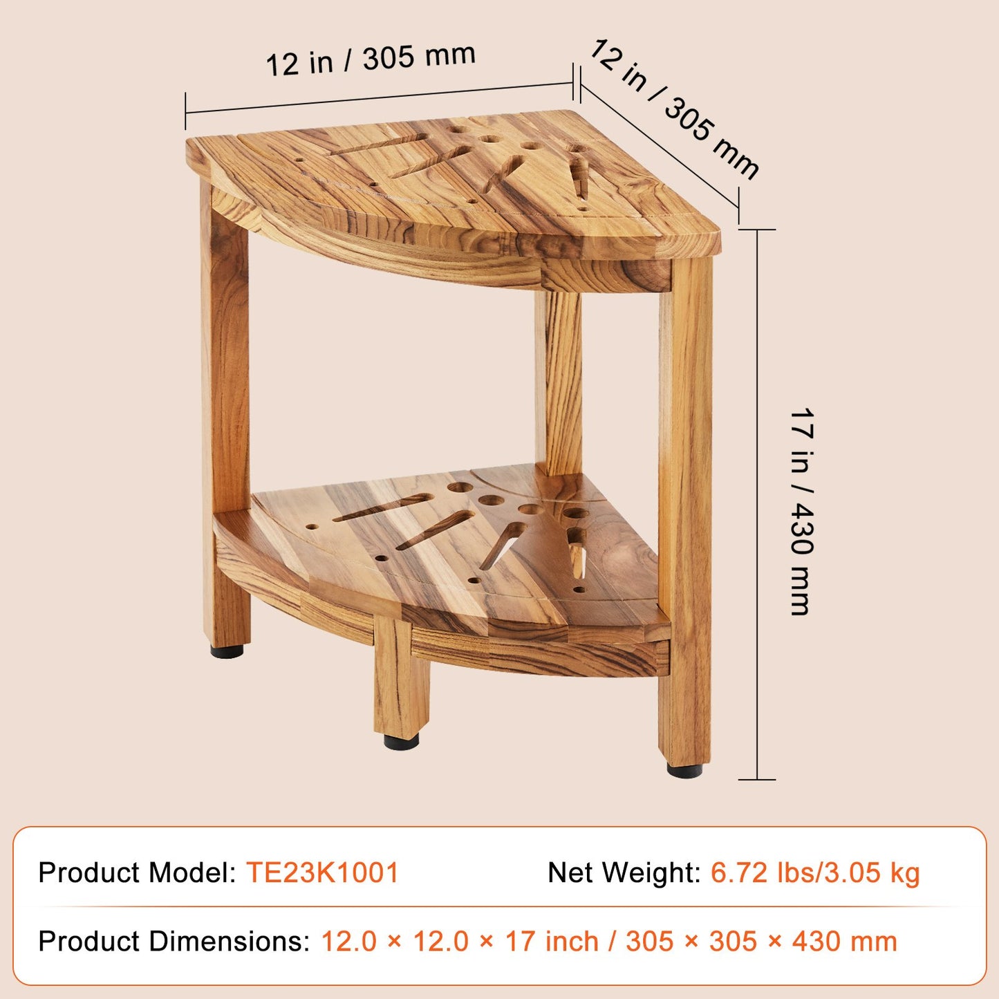 Corner Teak Shower Bench, 17" Height 12" Radius, 100% Teak Wood Corner Shower Beach, 300 LBS with Storage Shelf, Shower Stool for Inside & Outside Shower, for Bathroom