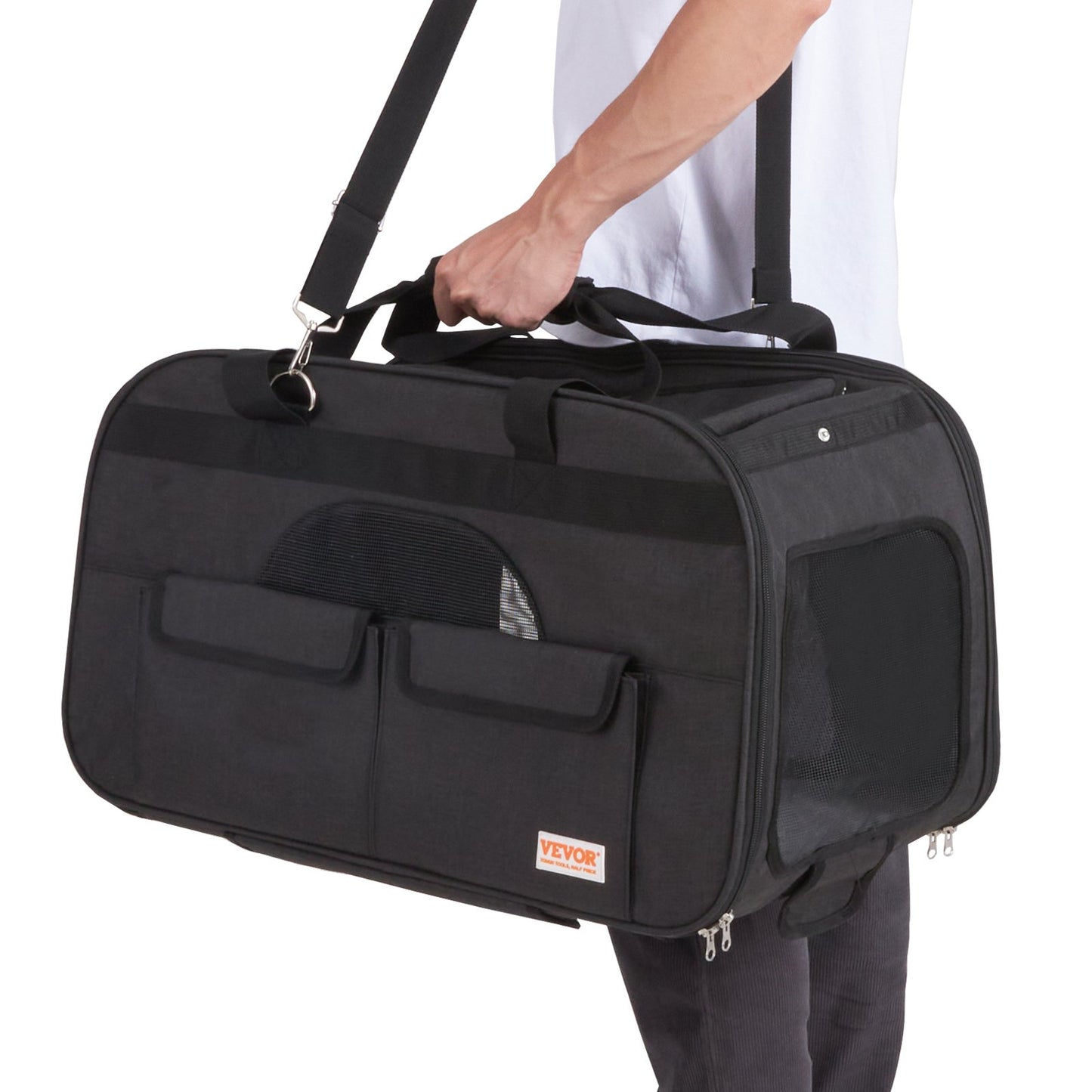 Cat Carrier with Wheels, Rolling Pet Carrier with Telescopic Handle and Shoulder Strap, Dog Carrier with Wheels for Pets Under 35 lbs, with 1 Collapsible Bowl, Black