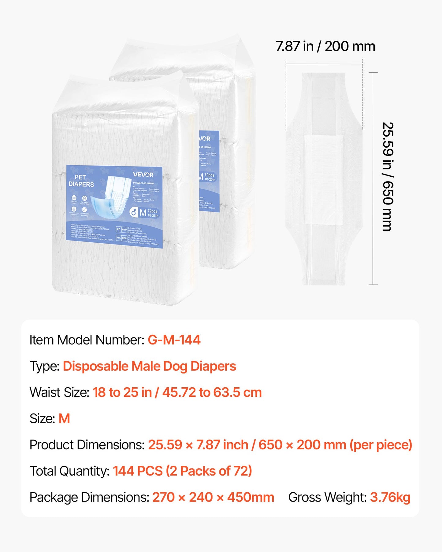 Disposable Male Dog Diapers, Super Absorbent Male Dog Wraps, 360 ° Leak-Proof Belly Bands with Wetness Indicator for Doggies in Heat, Training, Incontinence - M, 144 Count (2 Packs of 72)