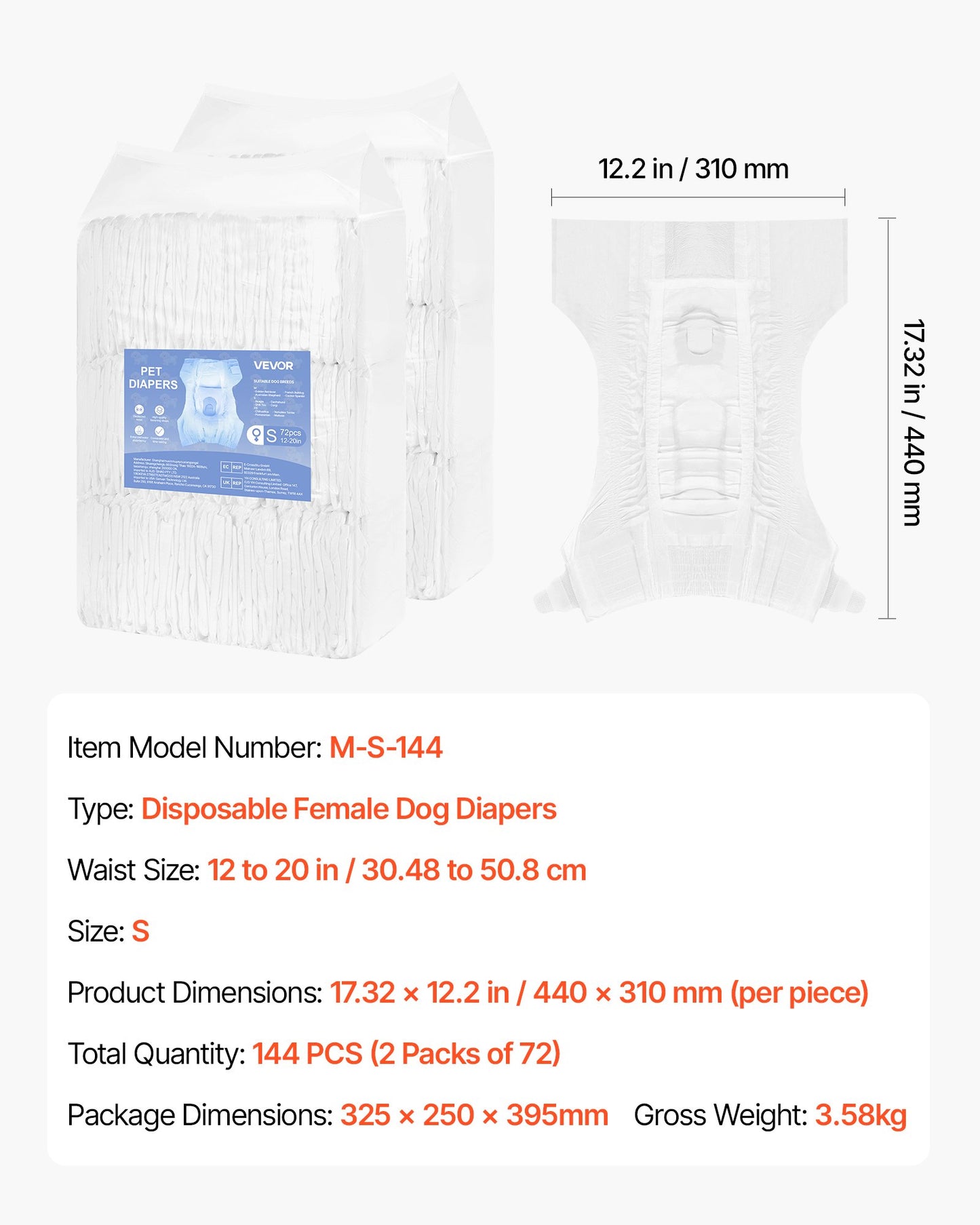 Disposable Dog Diapers, Super Absorbent Female Dog Diapers, 360° Leak-Proof Female Doggy Pet Diaper with Wetness Indicator for Heat Period, Training, Incontinence - S, 144 Count (2 Packs of 72)