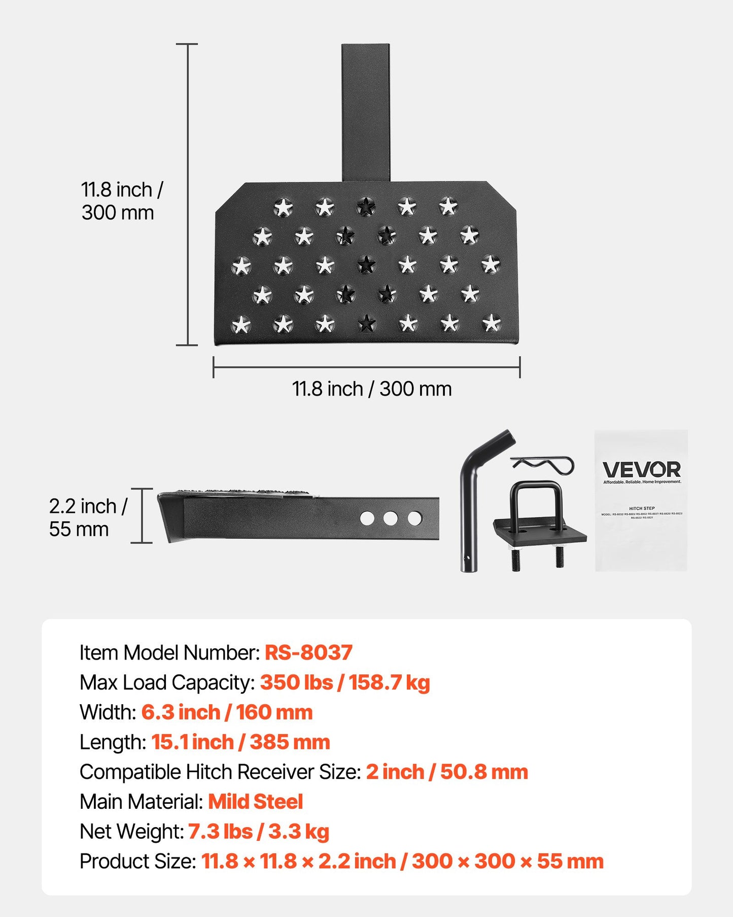 Hitch Step for 2 Inch Receiver, Universal Rear Bumper Guard Protector with 350 LBS Load Capacity, Wide & Non-Slip Tow Hitch Step with Pin Kit and Stabilizer, Fit for Truck, SUV, Pickup, Trailer
