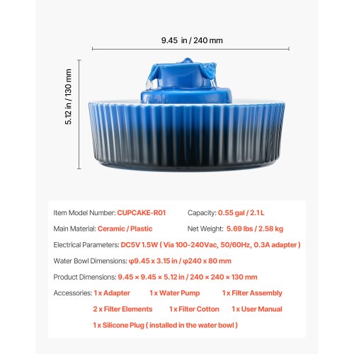 Ceramic Cat Fountain 2.1 L Cupcake Pet Fountain for Cats and Dogs | EU