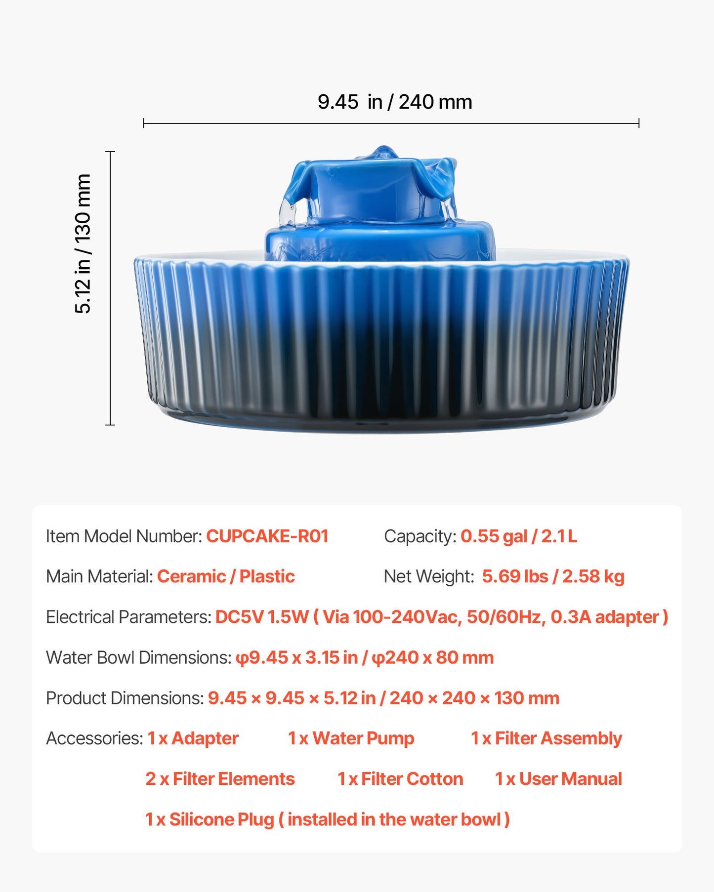 Ceramic Cat Water Fountain, 2.1L/71oz Cupcake Pet Fountain, Porcelain Cat Water Dispenser with Ultra-Quiet Pump, 360° Drinking Area and Multi-Layer Filtration System, for Cats and Dogs (Blue)