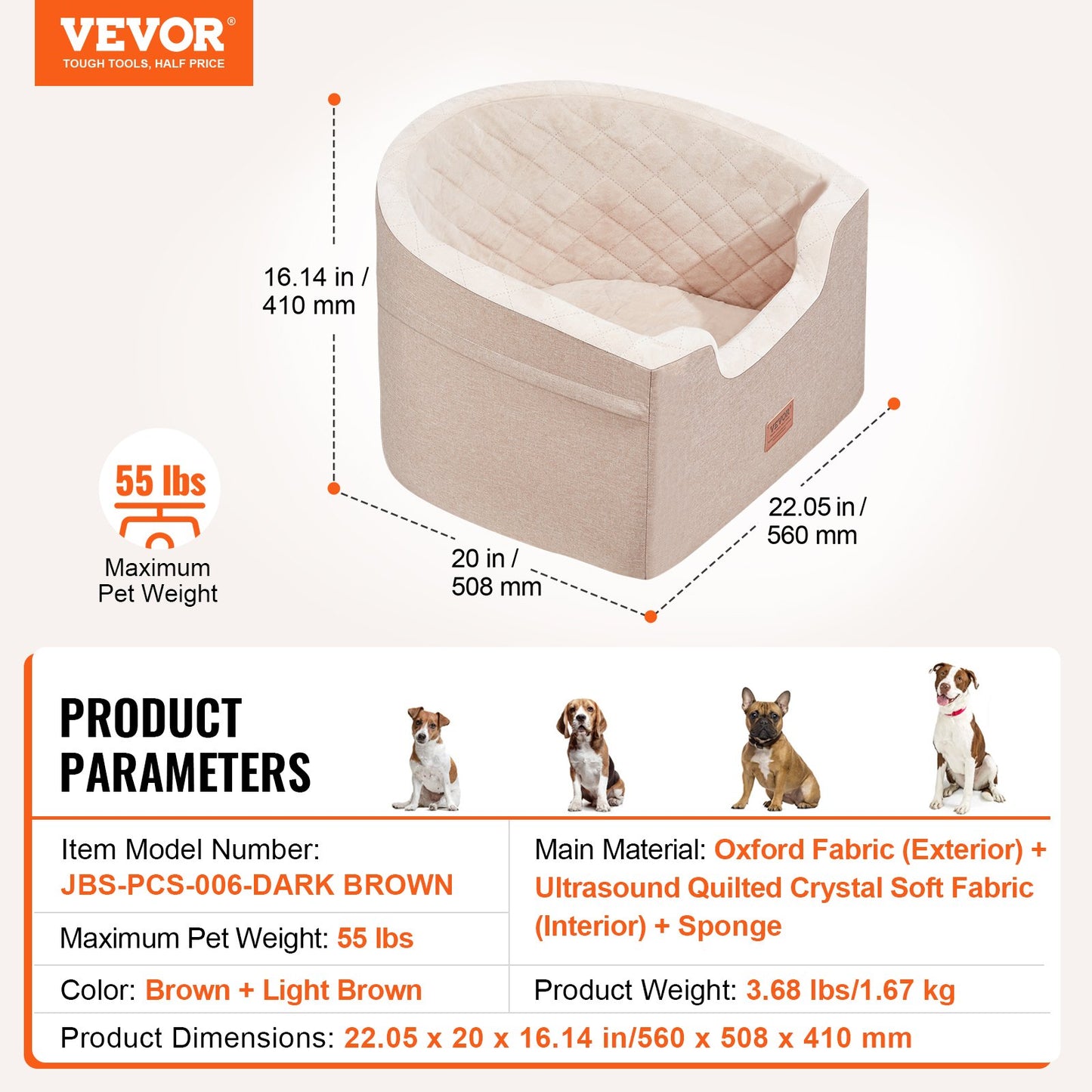 Dog Car Seat, Waterproof Dog Booster Seat for Car with A Storage Pocket, Clip-On Safety Leash and Sponge Filling, Dog Car Bed for Small & Medium Dog up to 55lbs, Brown