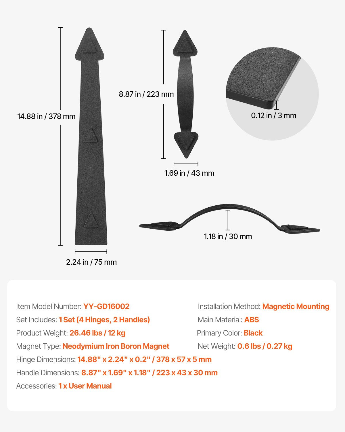 Magnetic Garage Door Hardware Kit, Decorative Garage Door Hinges Handles, Black Carriage House Accents, No Installation Needed, 4 Hinges and 2 Handles for Barn Gate Curb Appeal