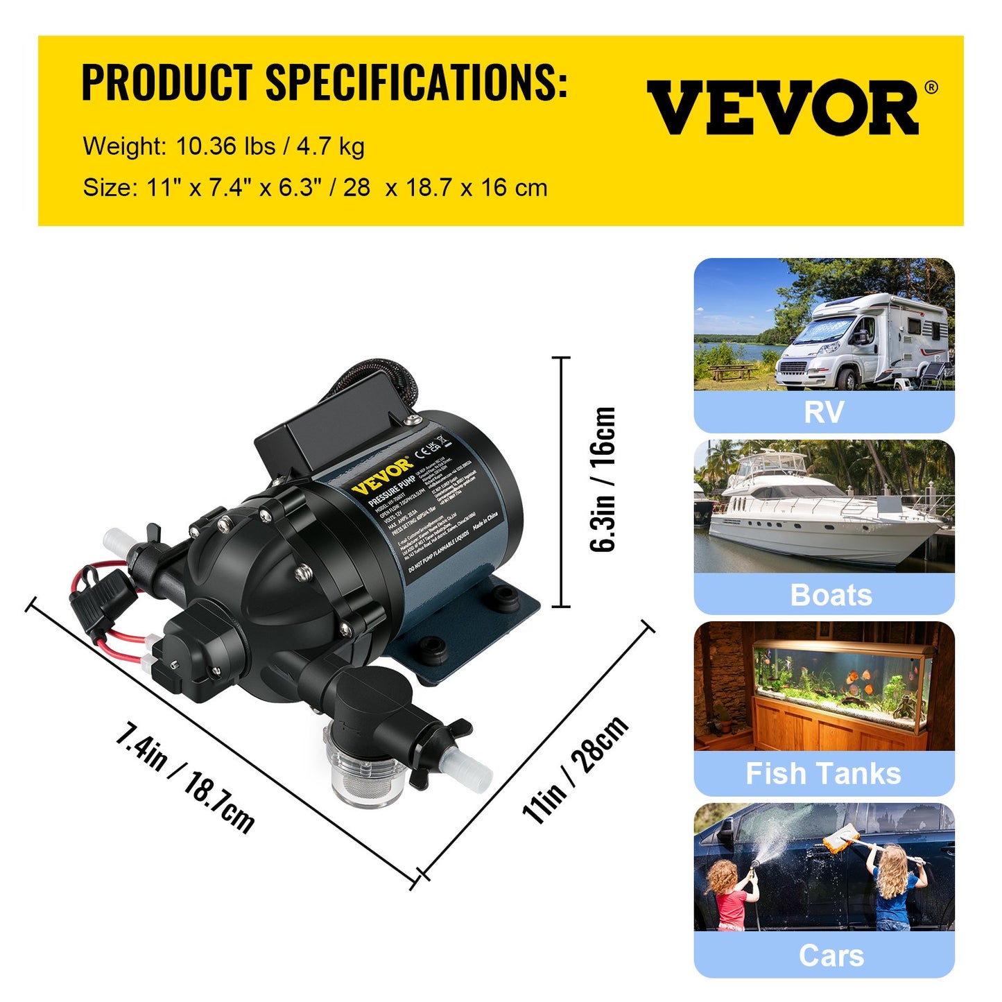 Washdown Pump, 12V DC, 7 GPM 60 PSI, Max. 10 FT Lift Self Priming Water Pump, with EPDM Valve, Universal Salt Water Strainer & Female/Male Thread, for RV, Marine Deck, Yacht