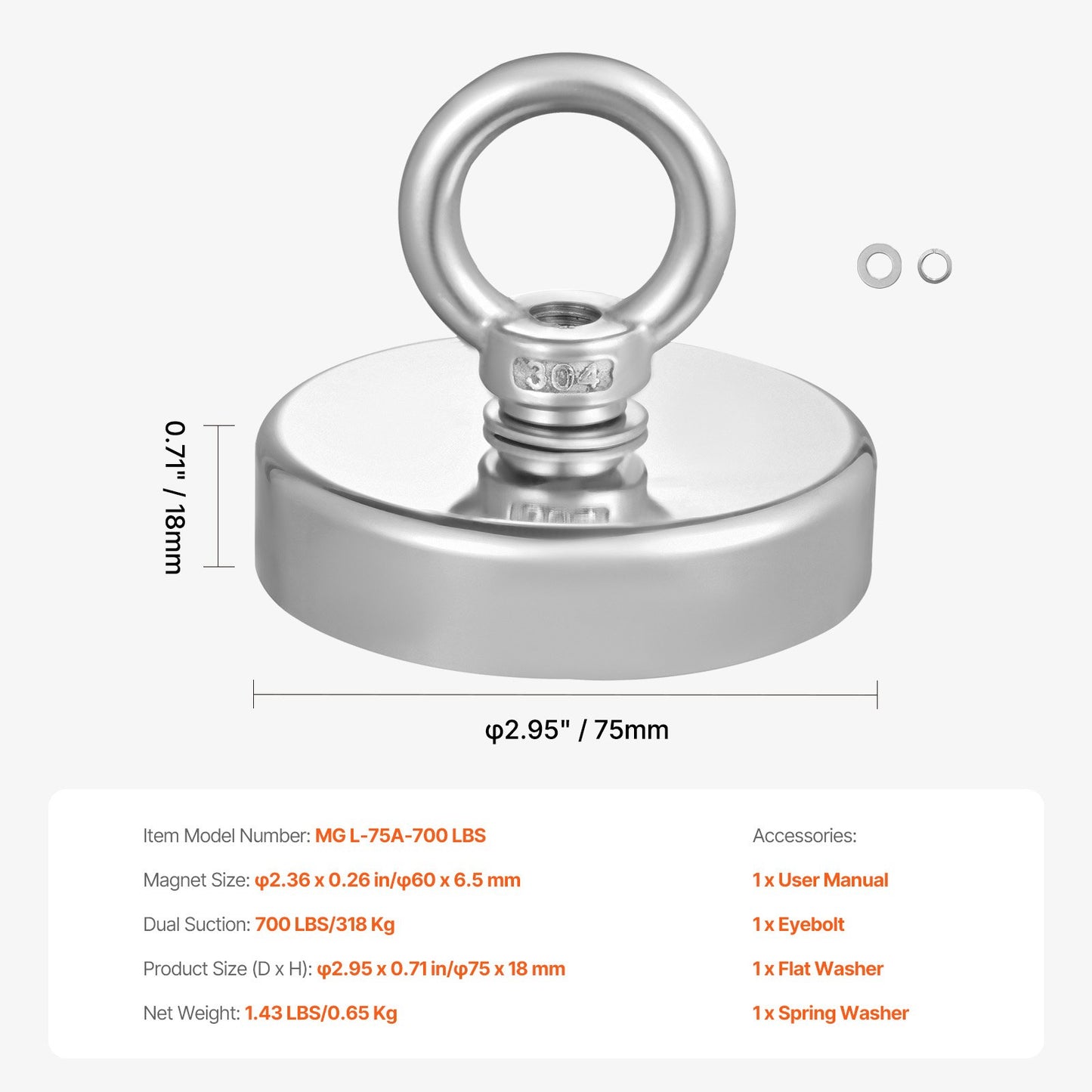 Fishing Magnet, 700 LBS/318 Kg Pulling Force Super Strong Neodymium Fishing Magnet, Rare Earth Magnet with Handle Diameter 2.36 in/60 mm for Retrieving in River, Magnetic Fishing, Heavy Hanging