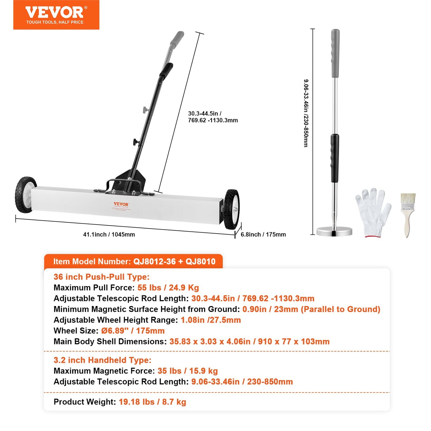 36-Inch Magnetic Sweeper with Wheels, 55 lbs Capacity, with Telescoping Magnetic Pickup Tool, Adjustable Handle, Magnetic Pickup Sweeper to Pick Up Nails and Screws, for Workshop, Garage, Yard