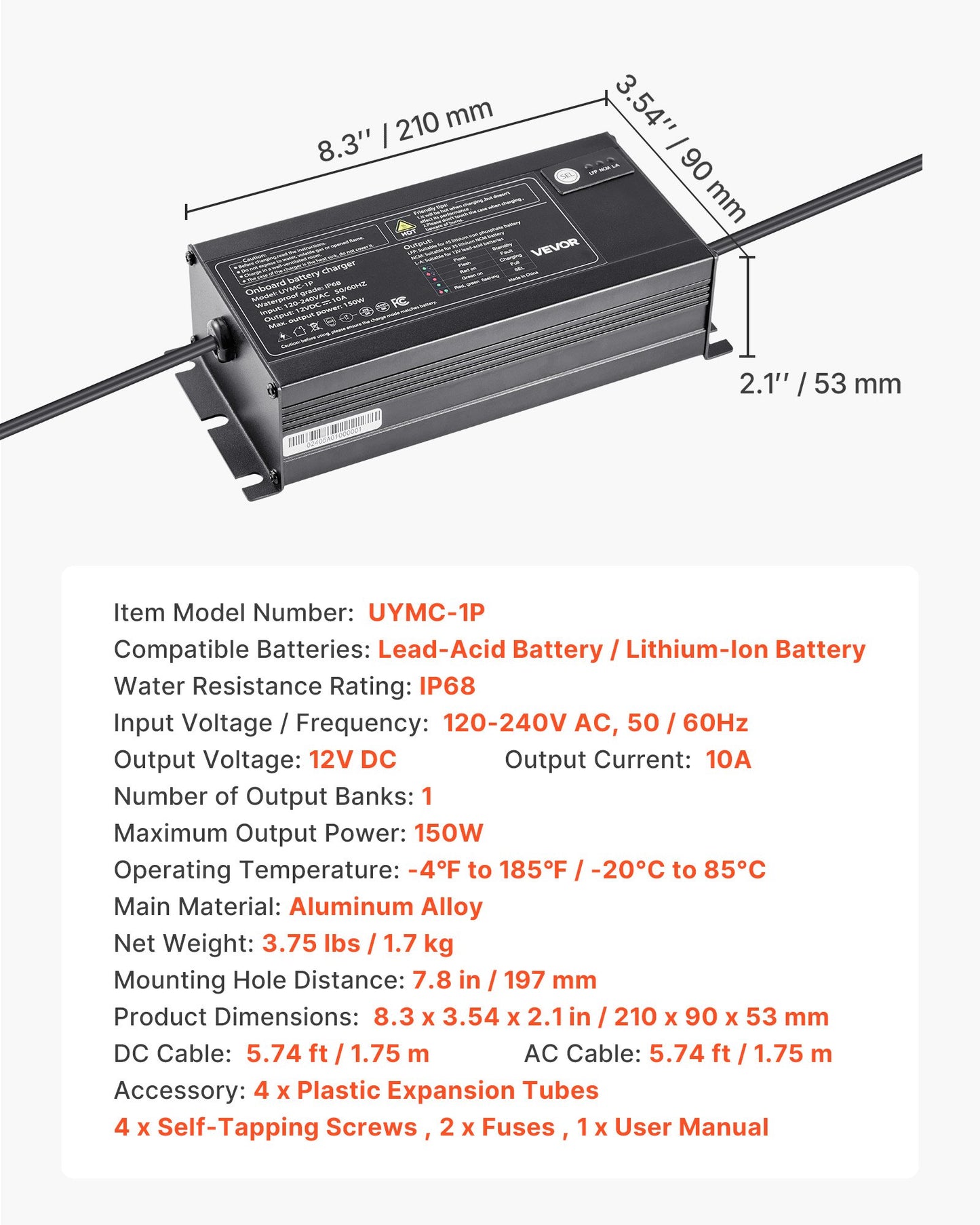 Marine Battery Charger, 1-Bank, 10A 12V Onboard Boat Charger, IP68 Waterproof Smart On-Board Battery Charger, for Lithium-Ion (LiFePO4), NCM, Lead-Acid Batteries, Large Boat, Yacht, RV, Trailer