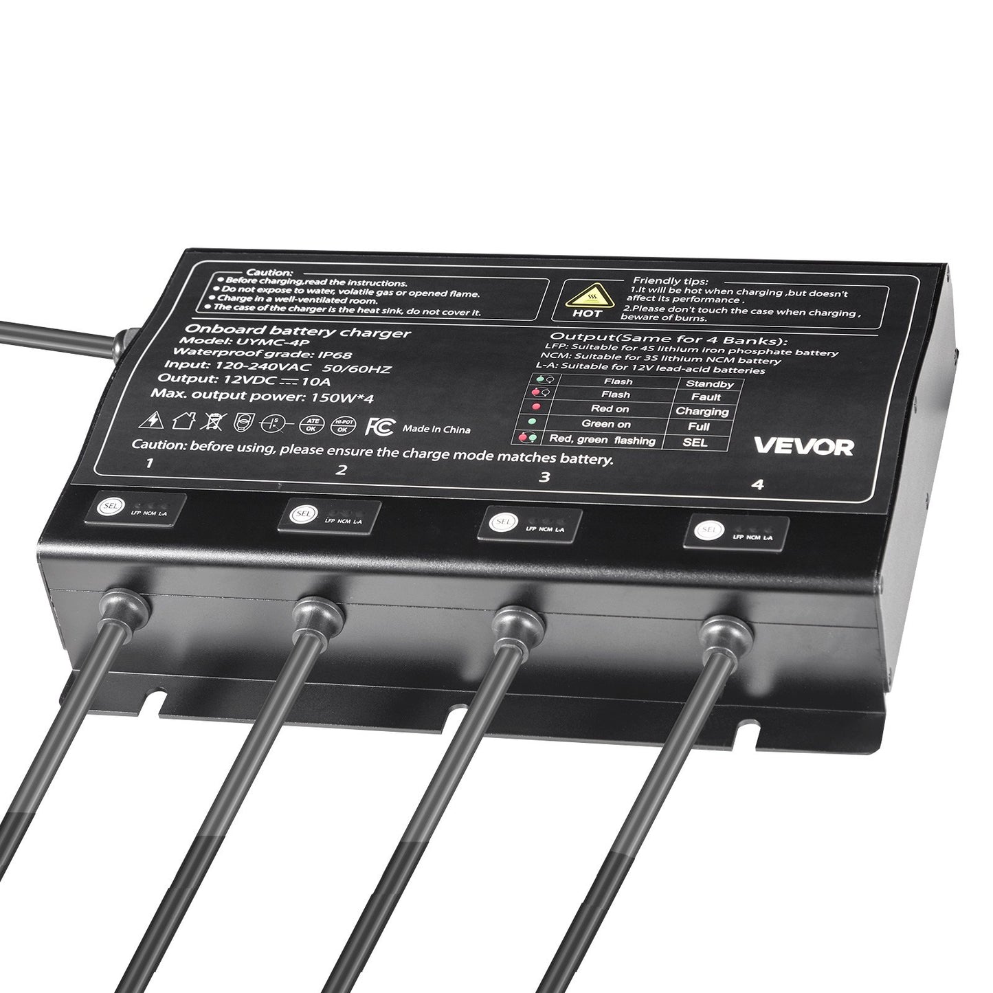 Marine Battery Charger, 4-Bank, 10A 12V Onboard Boat Charger, IP68 Waterproof Smart On-Board Battery Charger, for Lithium-Ion (LiFePO4), NCM, Lead-Acid Batteries, Large Boat, Yacht, RV, Trailer