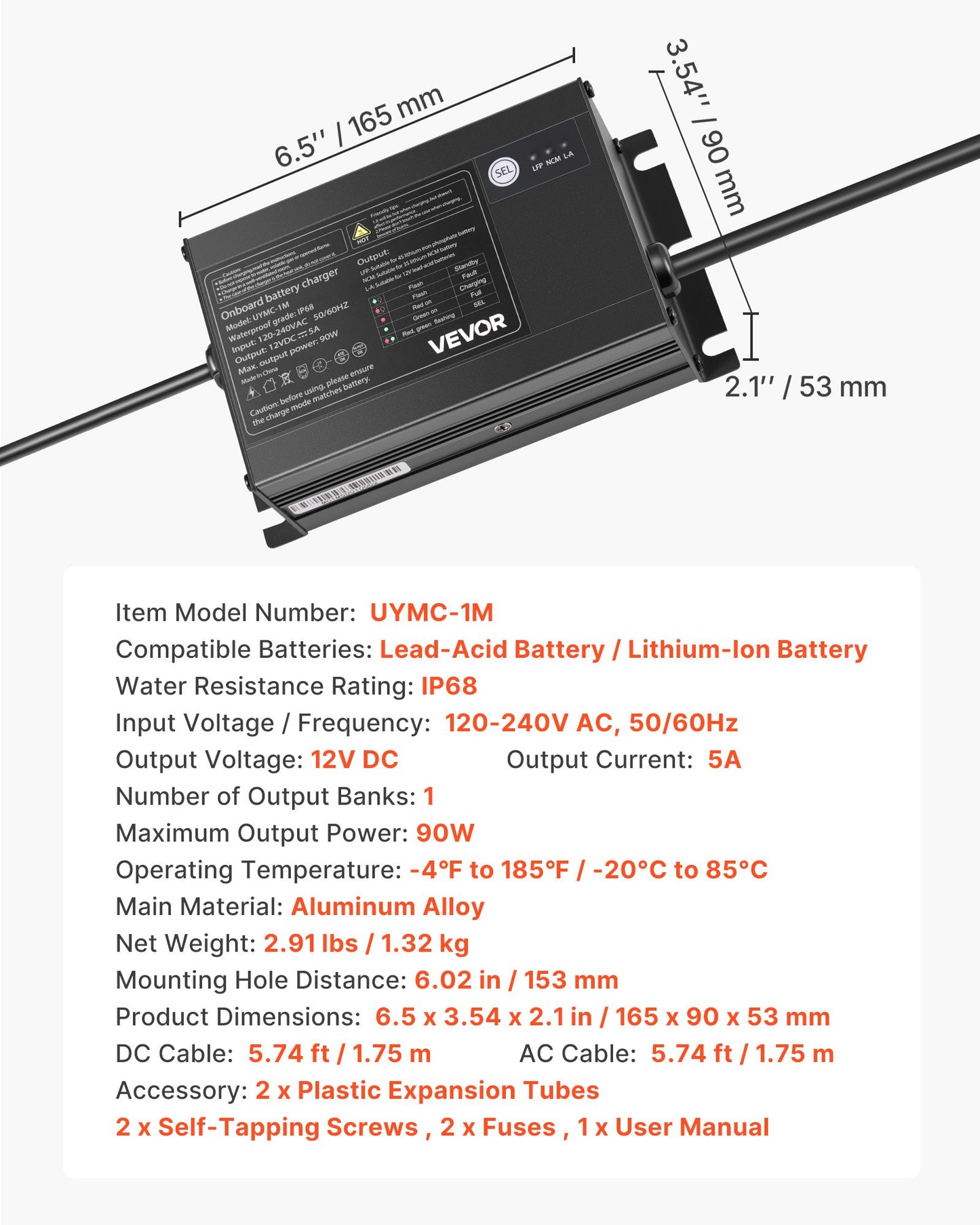 Marine Battery Charger, 1-Bank, 5A 12V Onboard Boat Charger, IP68 Waterproof Smart On-Board Battery Charger, for Lithium-Ion (LiFePO4), NCM, Lead-Acid Batteries, Large Boat, Yacht, RV, Trailer