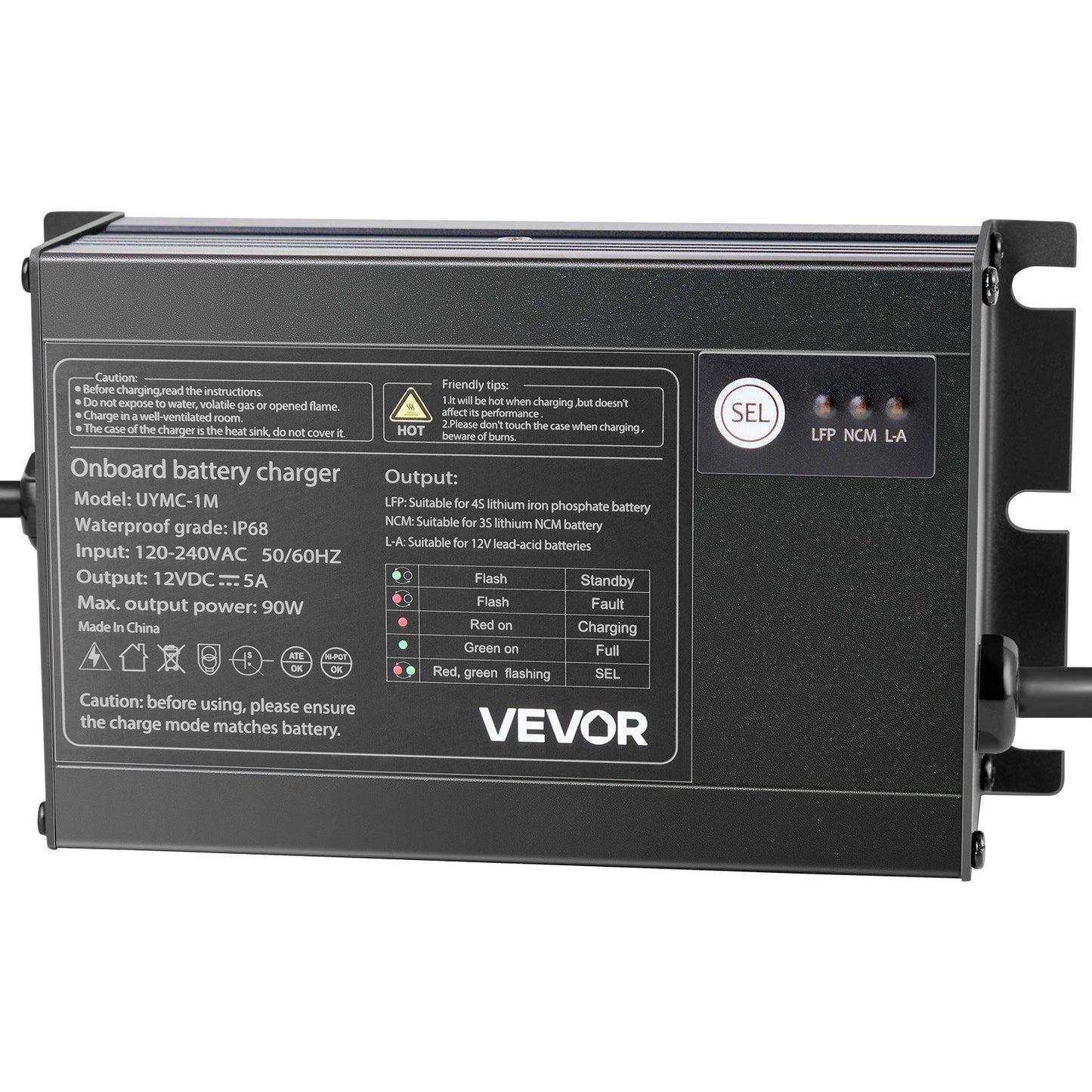 Marine Battery Charger, 1-Bank, 5A 12V Onboard Boat Charger, IP68 Waterproof Smart On-Board Battery Charger, for Lithium-Ion (LiFePO4), NCM, Lead-Acid Batteries, Large Boat, Yacht, RV, Trailer