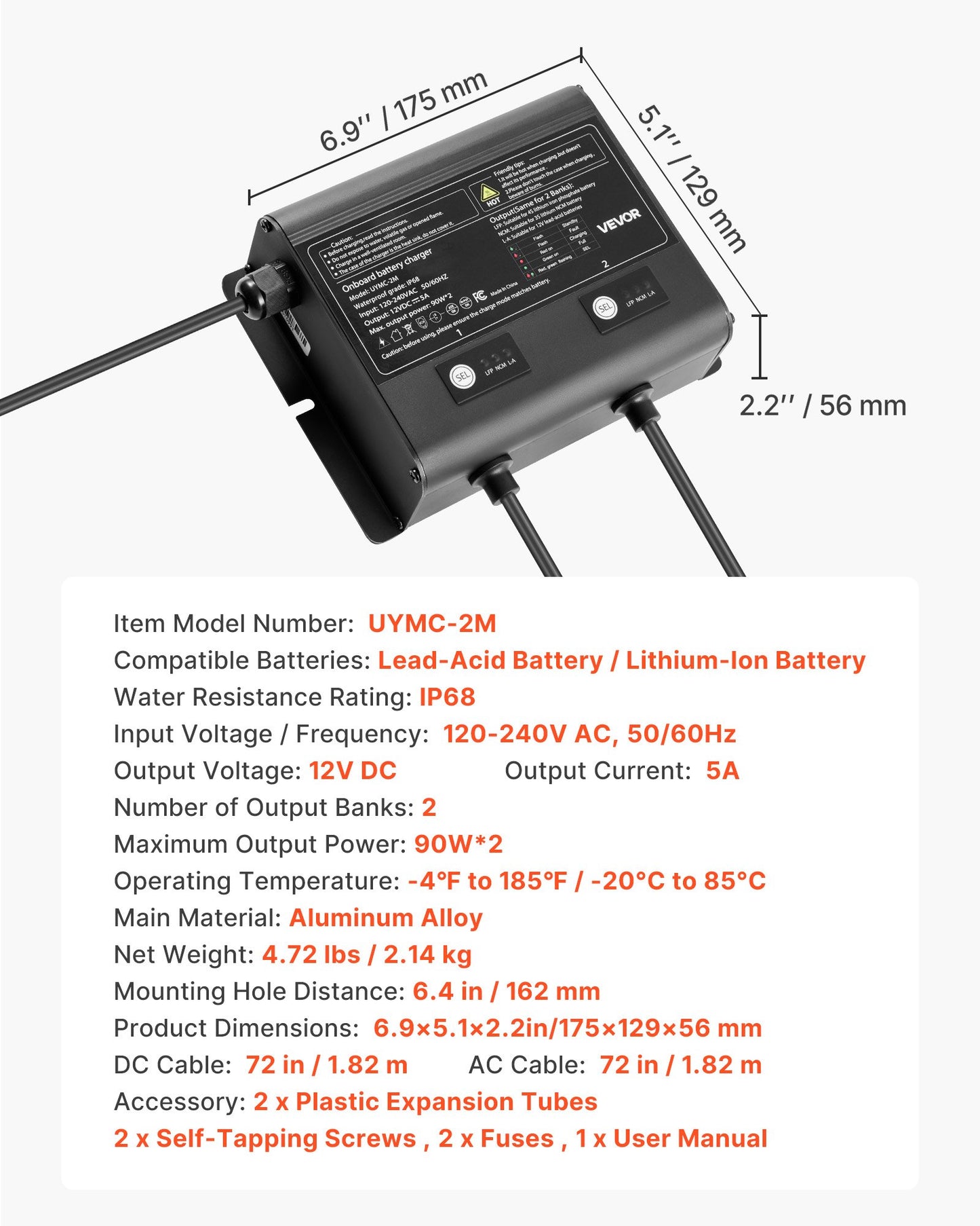 Marine Battery Charger, 2-Bank, 5A 12V Onboard Boat Charger, IP68 Waterproof Smart On-Board Battery Charger, for Lithium-Ion (LiFePO4), NCM, Lead-Acid Batteries, Large Boat, Yacht, RV, Trailer