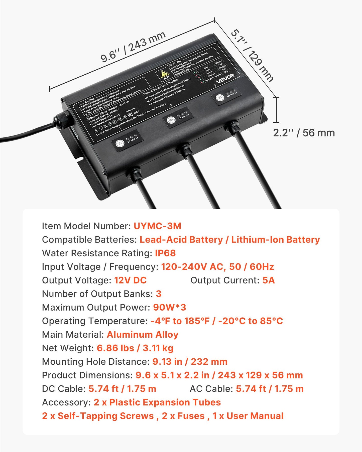 Marine Battery Charger, 3-Bank, 5A 12V Onboard Boat Charger, IP68 Waterproof Smart On-Board Battery Charger, for Lithium-Ion (LiFePO4), NCM, Lead-Acid Batteries, Large Boat, Yacht, RV, Trailer