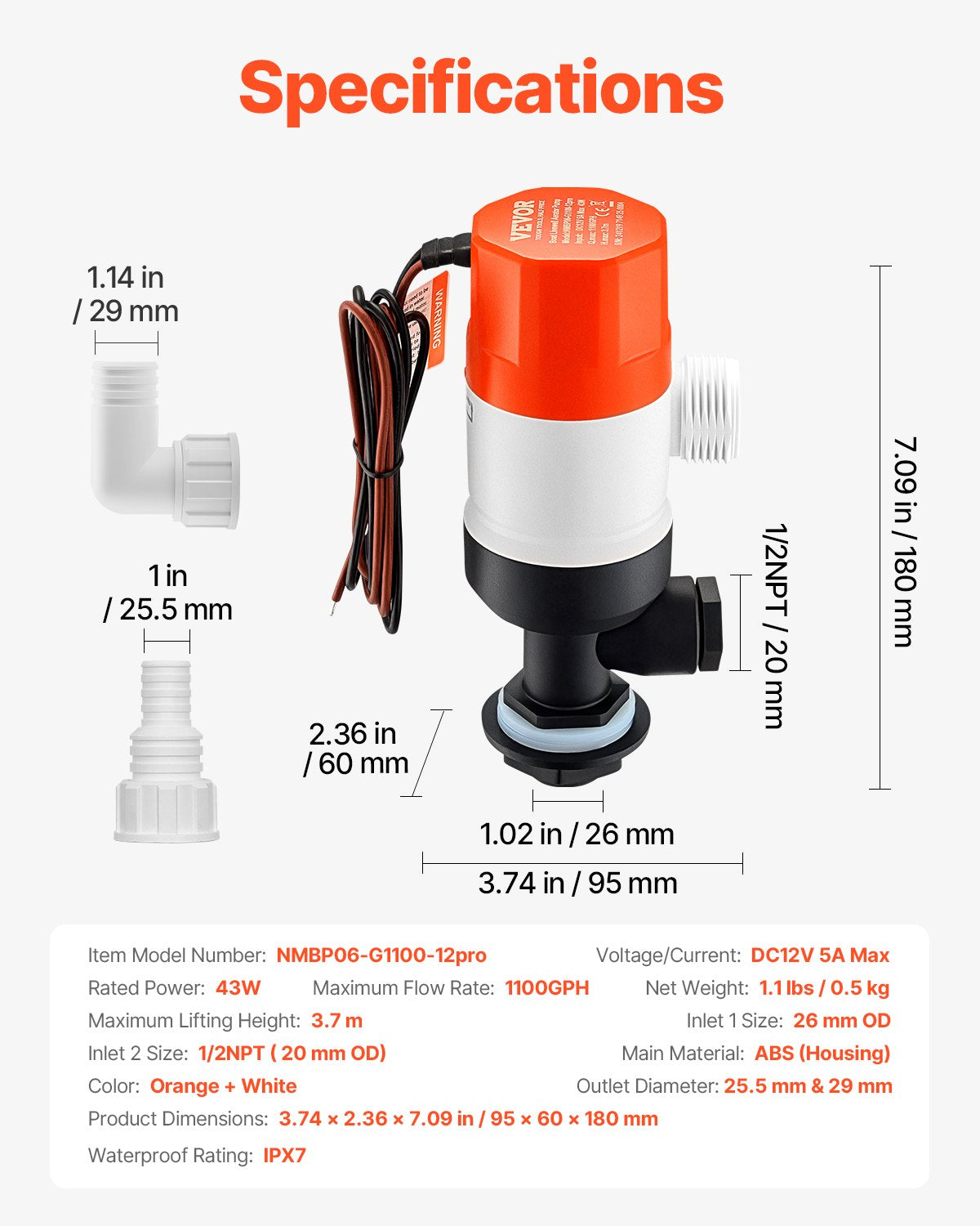 Livewell Pump for Boat, 12V 1100 GPH Straight Livewell Aerator Pump with Dual Inlet, ABA Housing & Detachable Motor Cartridge, Corrosion-Resistant Livewell/Baitwell Pump for Freshwater Saltwater