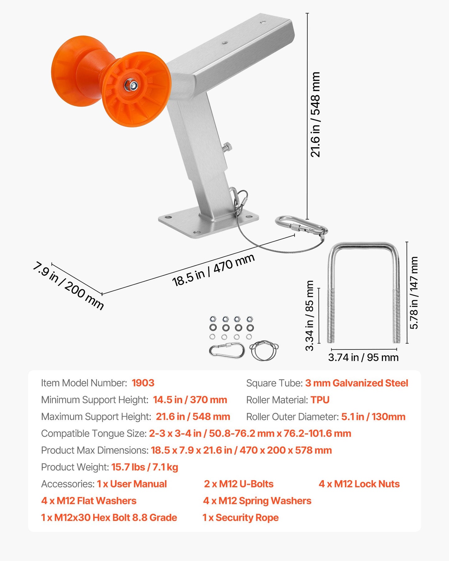 Boat Trailer Winch Stand with Roller, Adjustable Height 14.3-21.6 Inches, Boat Winch Mount with U-Bolts for 2-3 Inches W x 3-4 Inches H Trailer Tongue, Fit for Jet Ski, Sailboat, Speedboat