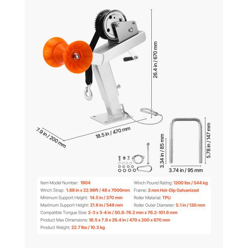 Båttrailervinschstativ med rulle 544 kg vinsch Båtvinschfäste