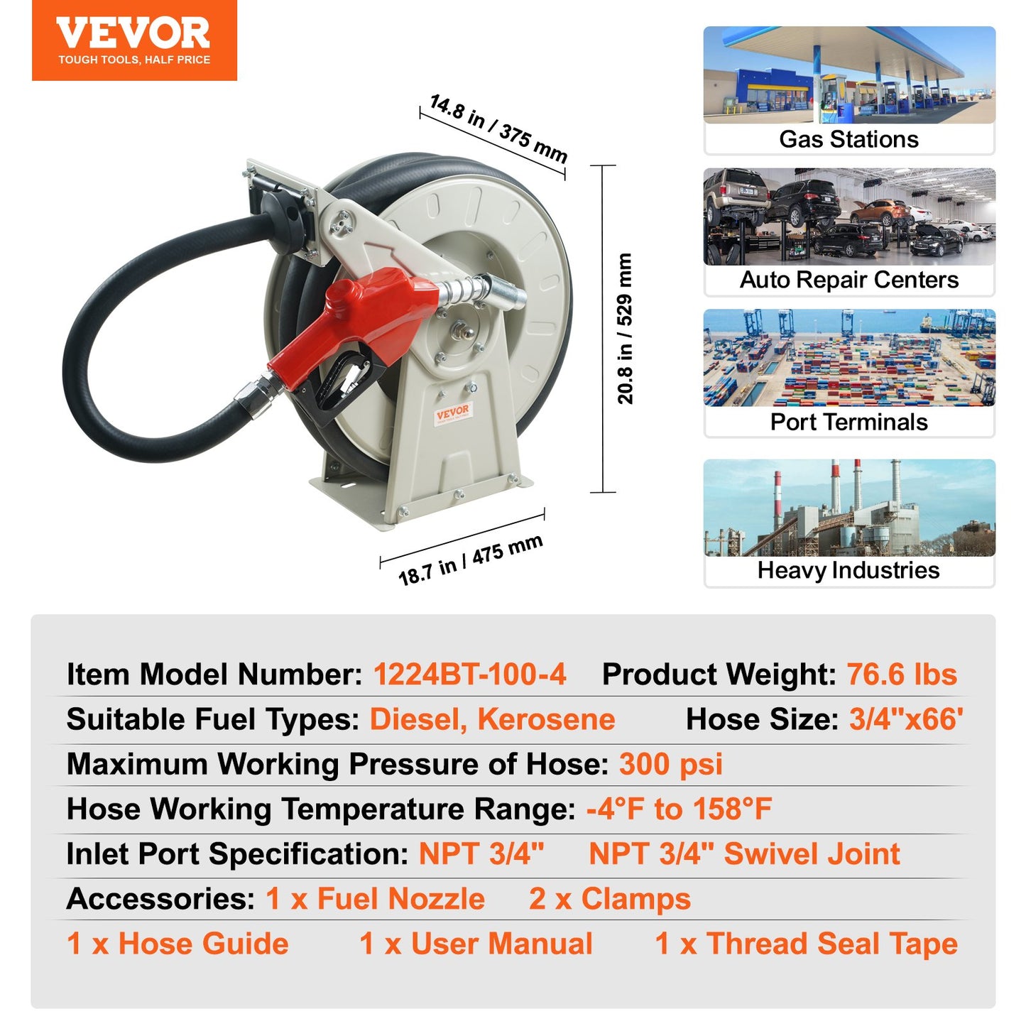 Fuel Hose Reel, 3/4" x 66', Extra Long Retractable Diesel Hose Reel, Heavy-Duty Carbon Steel Construction with Automatic Fuel Nozzle, NBR Rubber Hose for Aircraft Ship Vehicle Tank Truck, 300PSI