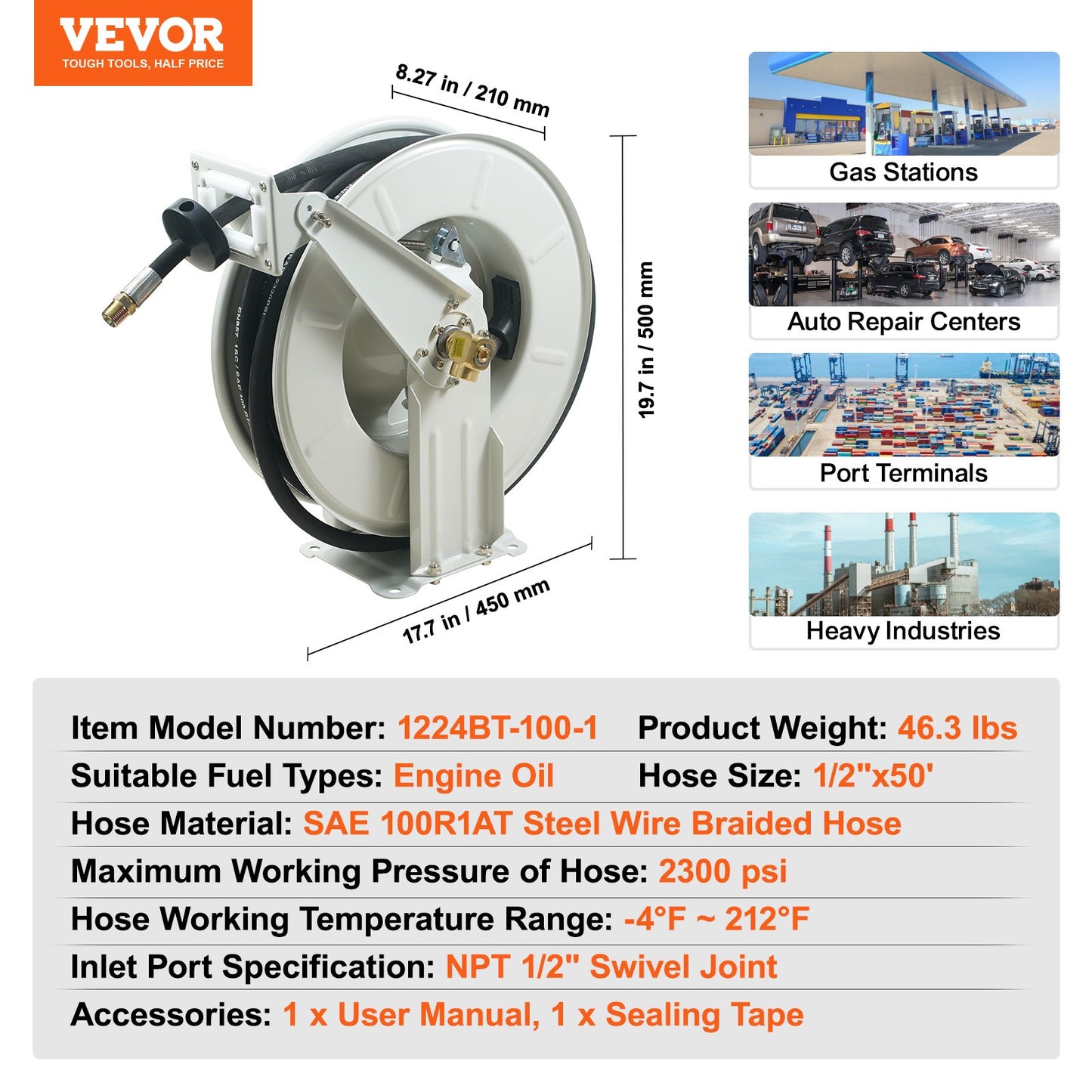 Fuel Hose Reel, 1/2" x 50', Extra Long Retractable Machine Oil Hose Reel, Spring Driven Auto Swivel Rewind, Heavy-Duty Carbon Steel Construction with Hose for Auto Repair, Industries, 2300 PSI