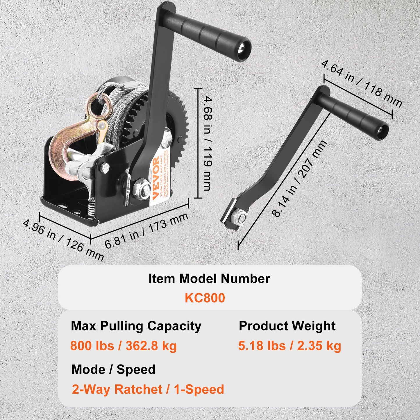 Hand Winch, 800 lbs Pulling Capacity, Boat Trailer Winch Heavy Duty Rope Crank with 33 ft Steel Wire Cable and Two-Way Ratchet, Manual Operated Hand Crank Winch for Trailer, Boat or ATV Towing