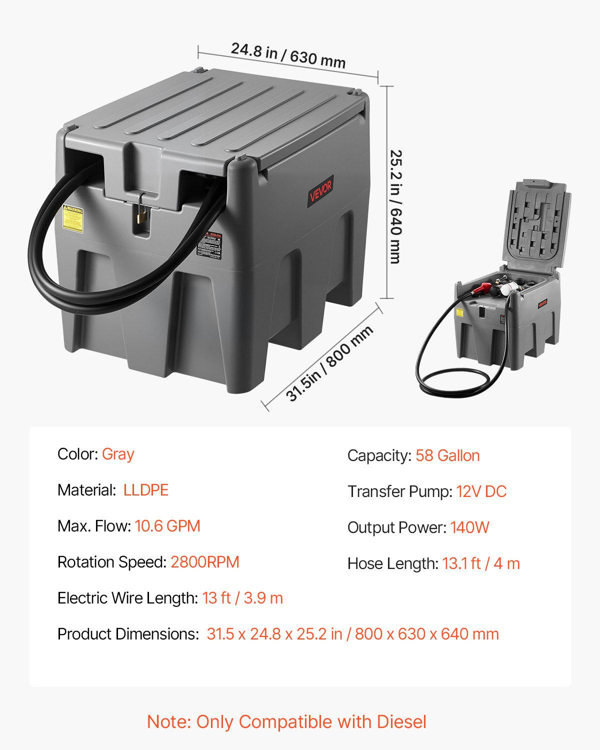Portable Diesel Tank, 58 Gallon Capacity & 10 GPM Flow Rate, Fuel Tank with 12V Electric Transfer Pump and 13.1ft Rubber Hose, PE Diesel Transfer Tanks for Easy Fuel Transportation, Grey