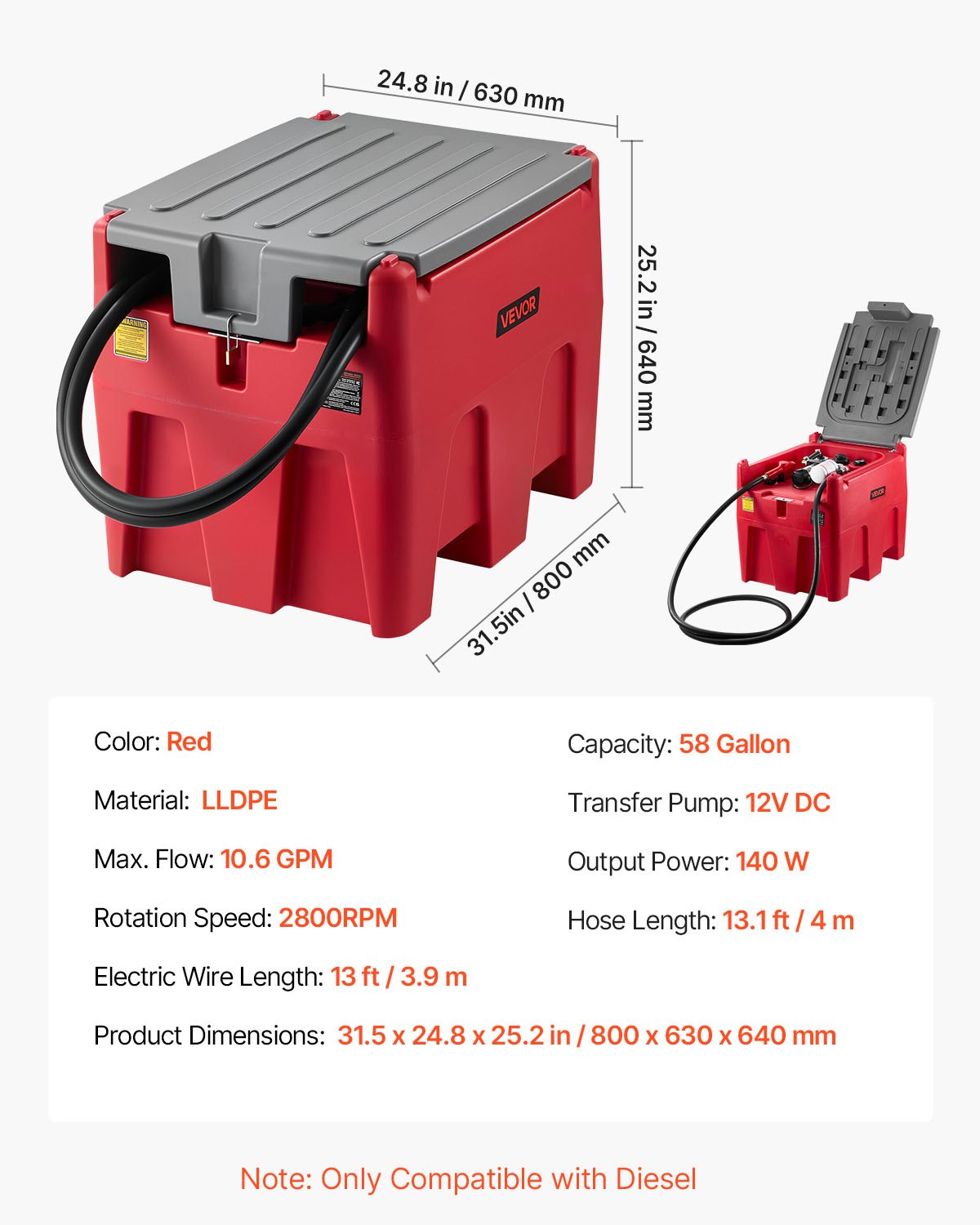Portable Diesel Tank, 58 Gallon Capacity & 10.6 GPM Flow Rate, Fuel Tank with 12V Electric Transfer Pump and 13.1ft Rubber Hose, PE Diesel Transfer Tanks for Easy Fuel Transportation, Red